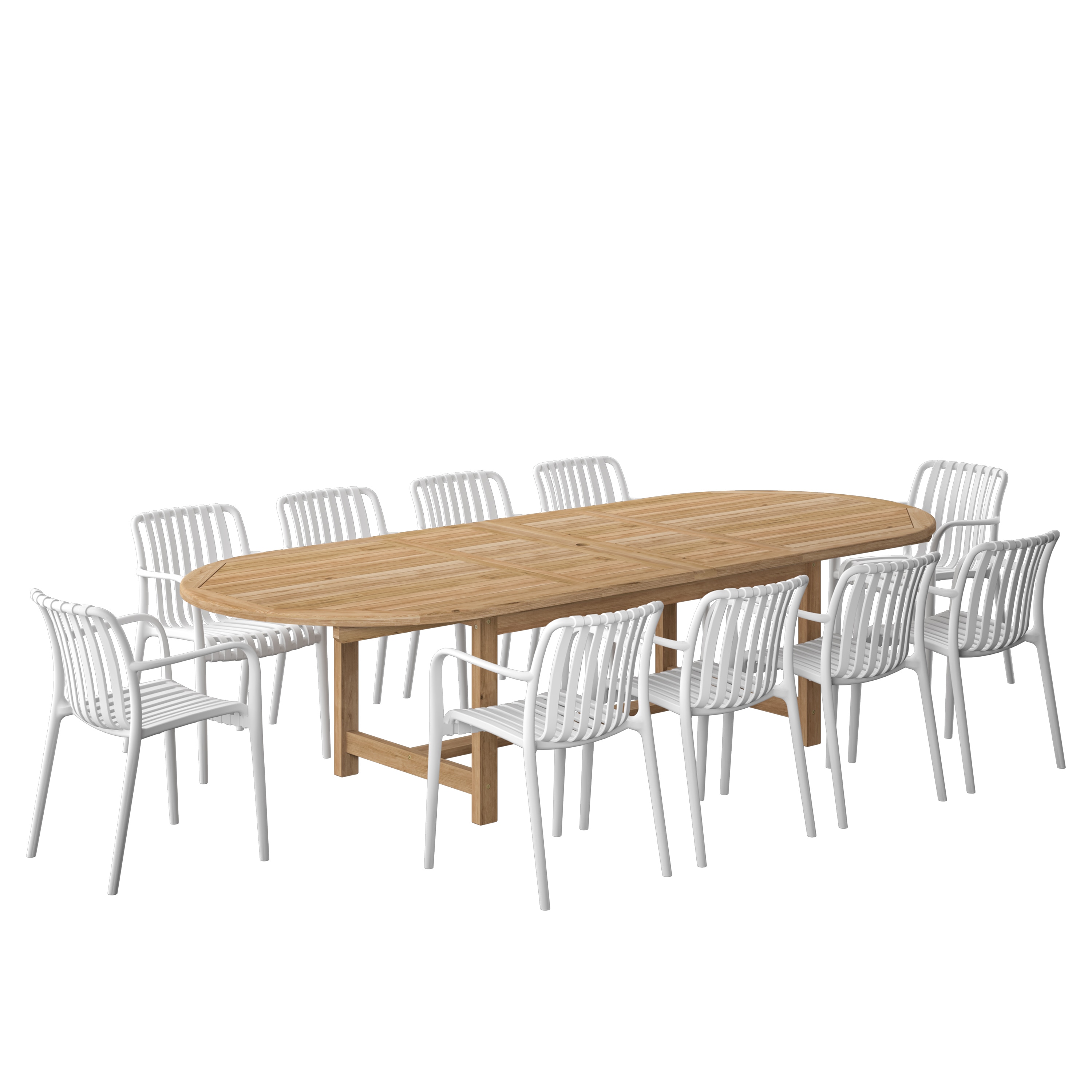 Amazonia LWS-DIANDLX-10CURWH 11 -Piece Brown Patio Dining Set Extendable Table Wood Rectangle Table with 10 Stackable Stationary and Motion Chairs