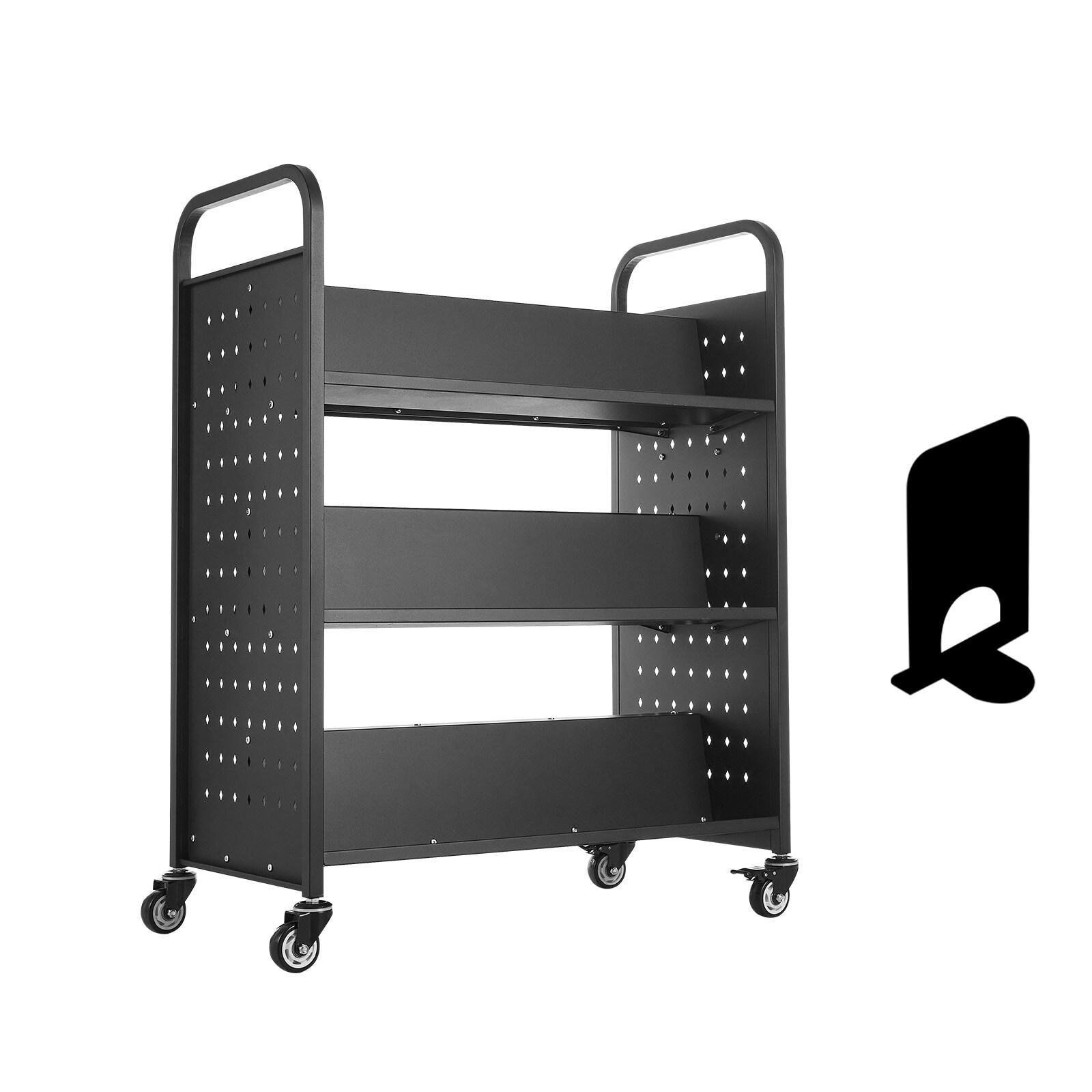 LUXEYARD 3 Tier Rolling Book Cart Double Sided W Shaped Shelves Book Truck in Black