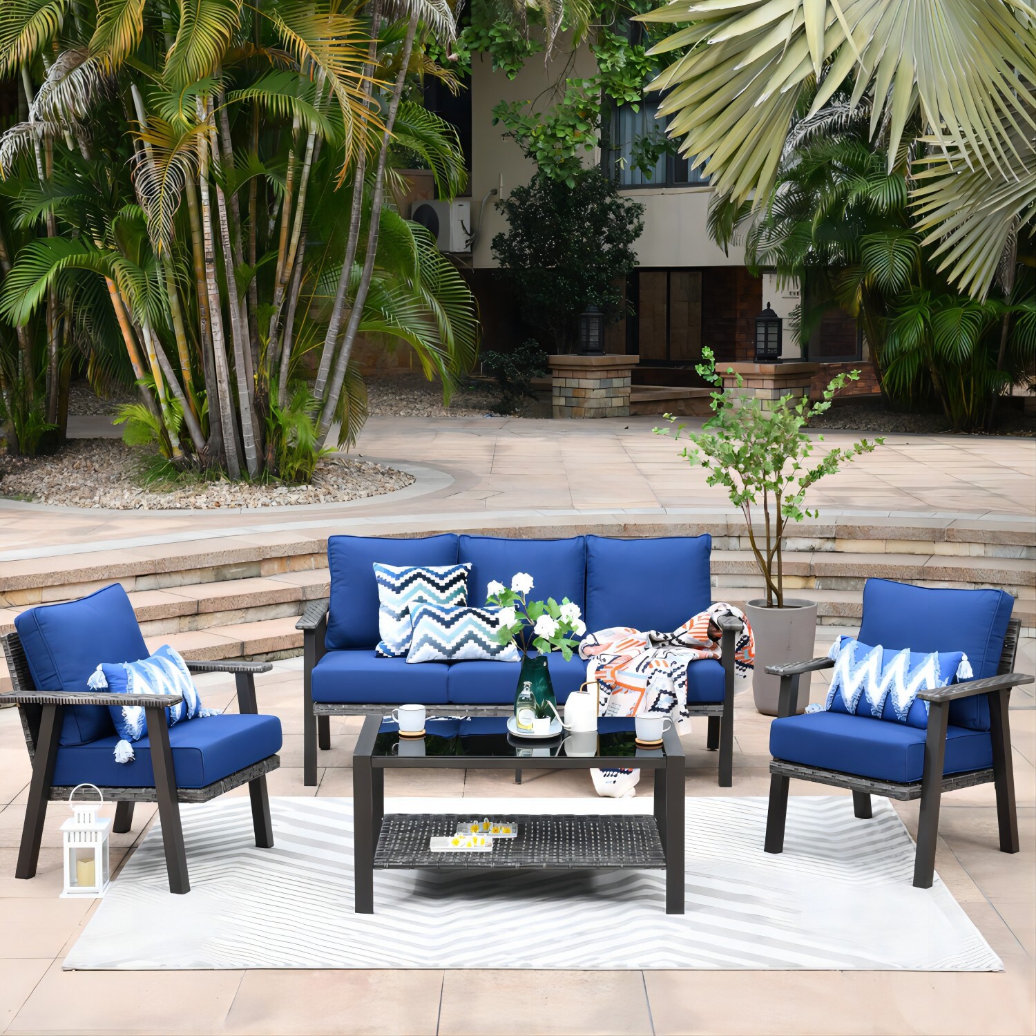 Pouuin SHW70T04 4 -Piece Rattan Patio Sofa Conversation Set with Blue Cushions