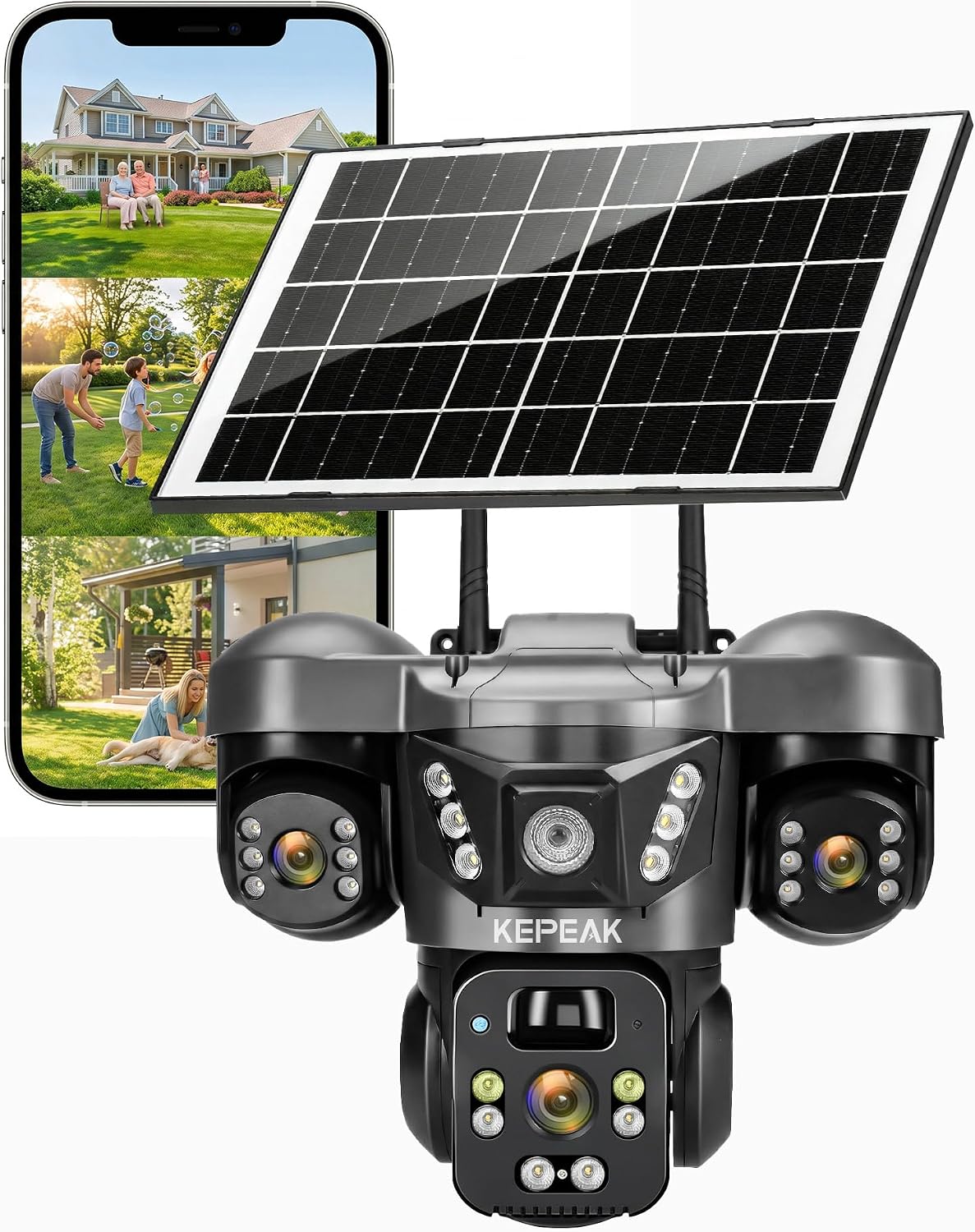 Kepeak 3 Lens Solar Security Camera Outdoor Wireless 360 PTZ with Color Night Vision and PIR Detection