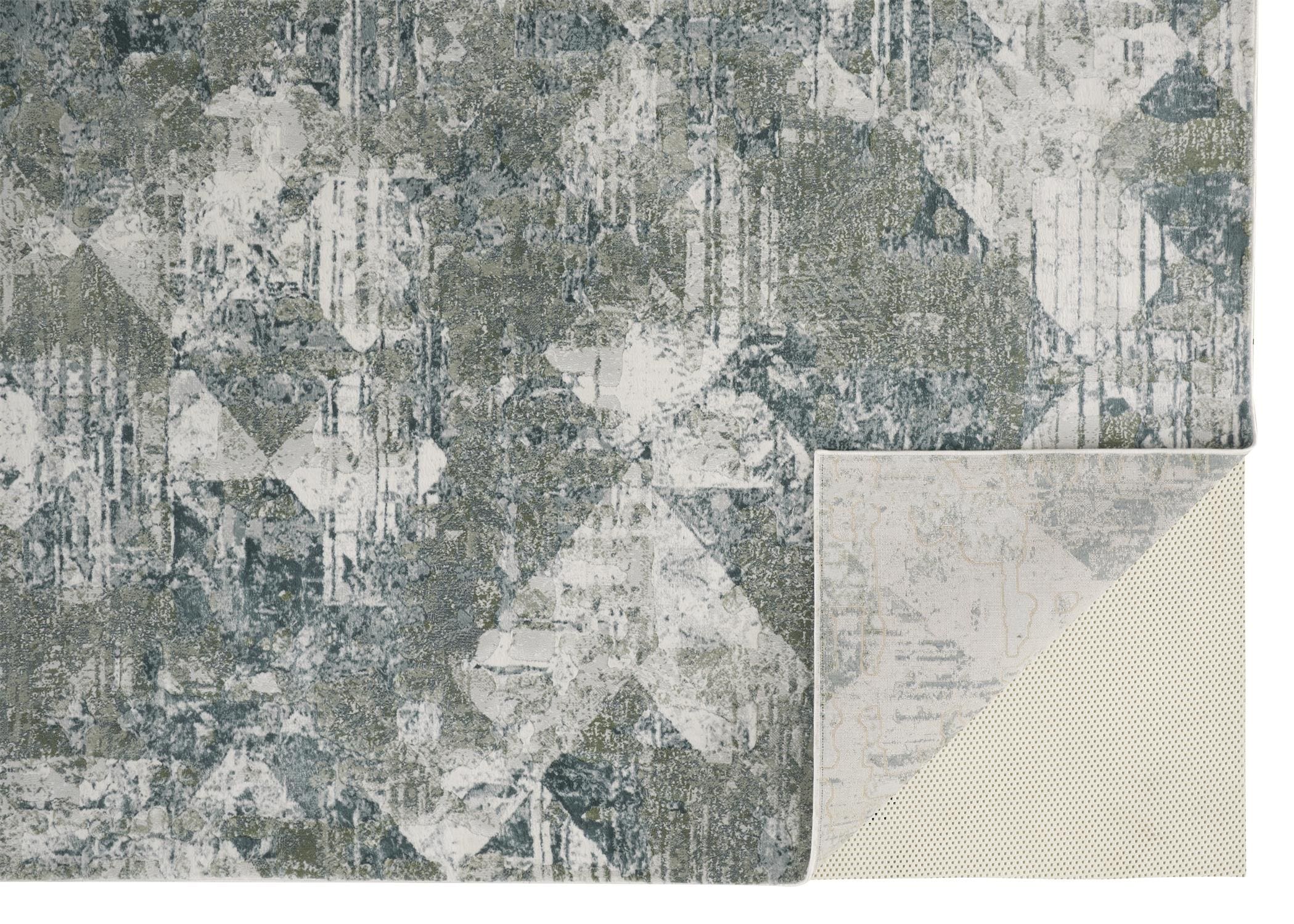 Ivory and Green Geometric Synthetic Area Rug