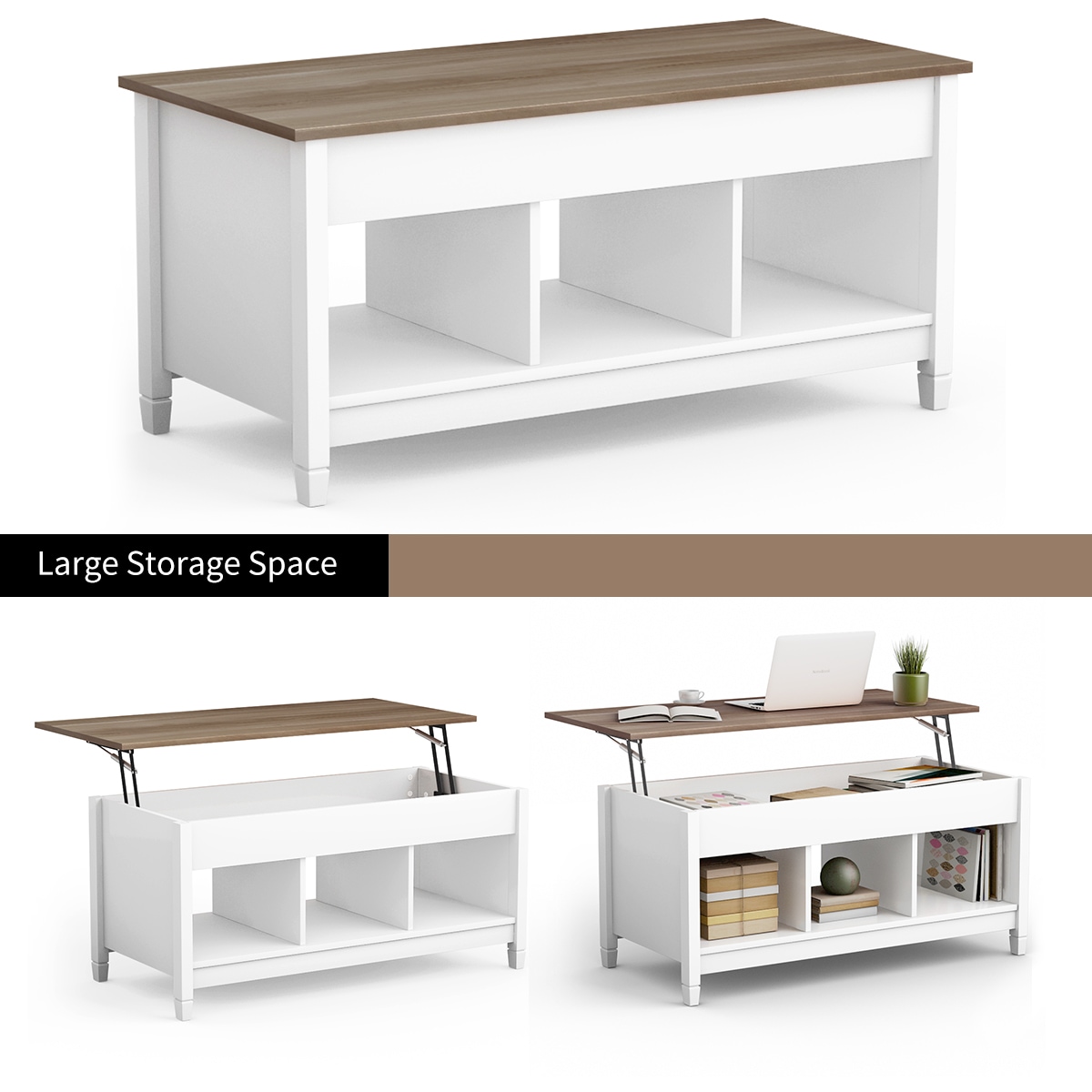 Contemporary White and Brown Rectangular Lift-Top Coffee Table with Storage