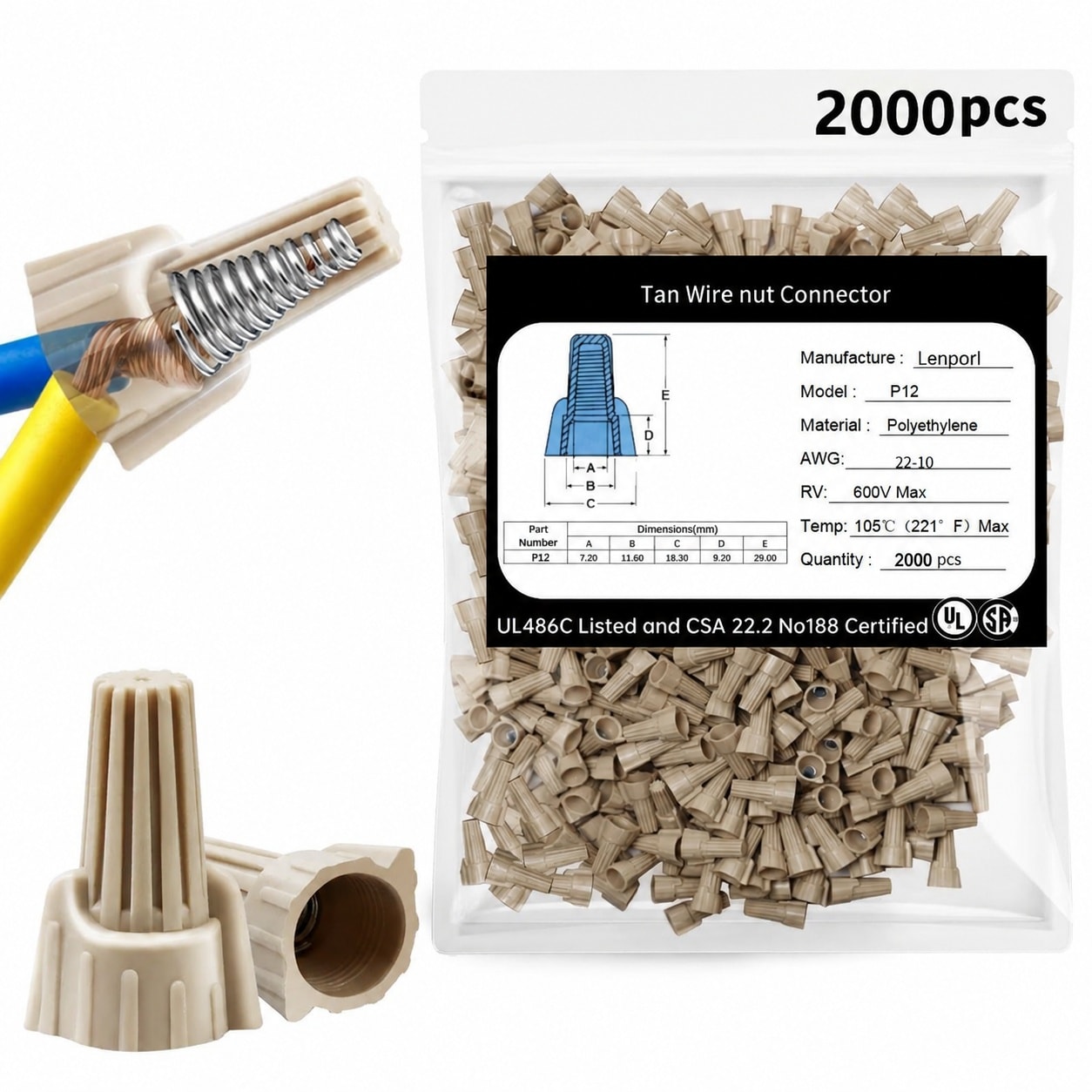 Afoxsos Tan Wire Nuts Connectors P12 22-10AWG Twist Wire Caps Electrical Wire Connectors Winged Springs Screw Terminals Wire Nuts Assortment Kit #LAF0822FA0071
