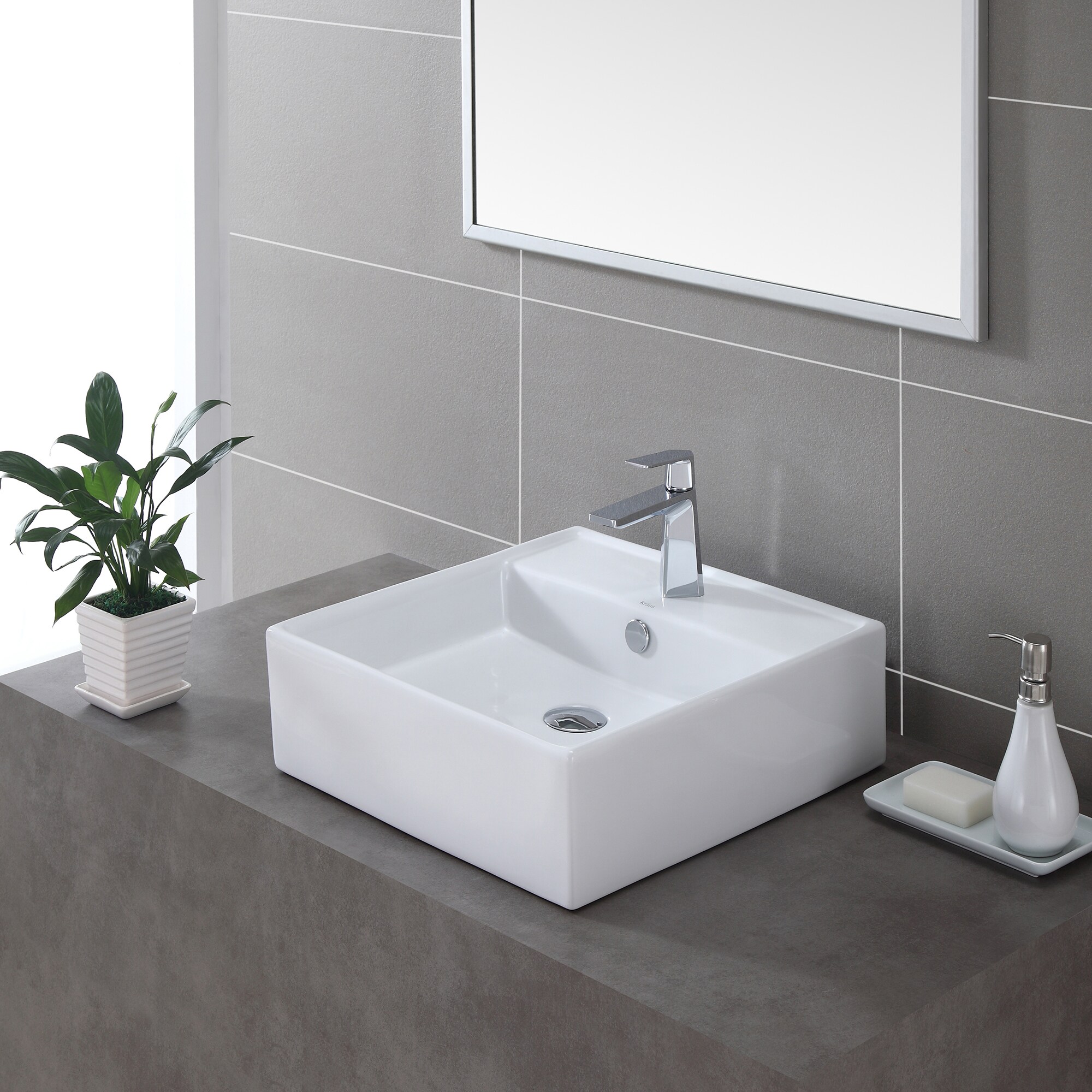 Kraus White Ceramic Vessel Square Modern Bathroom Sink with Drain ...