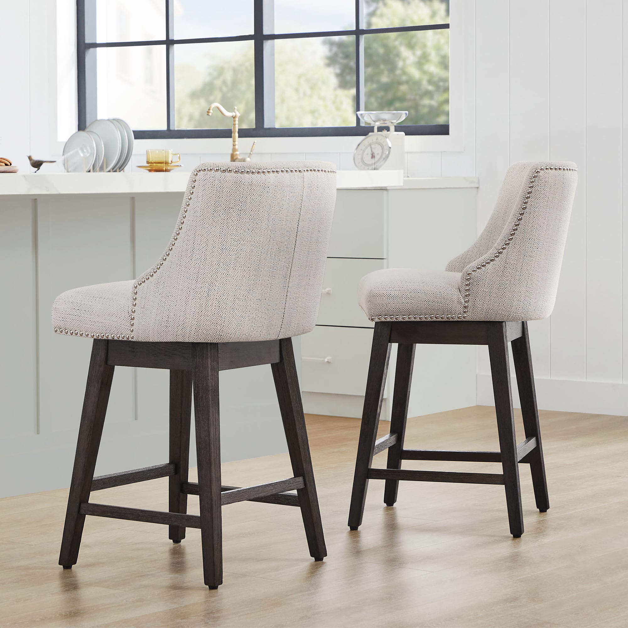 Circle 55 - Ivory-Fabric 26-in H Counter height Upholstered Swivel Wood Bar Stool 2 -Pack