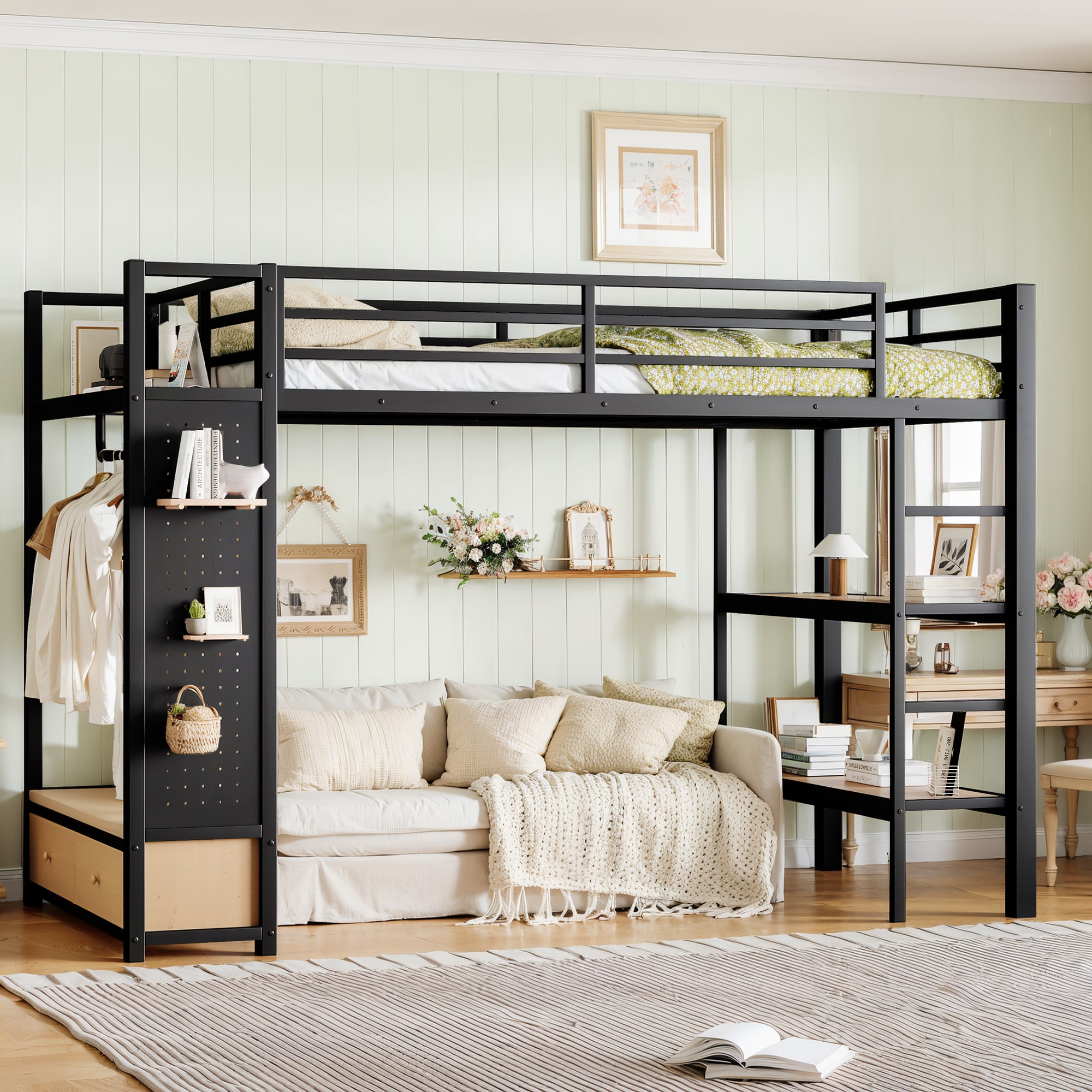 Bellemave Twin XL Loft Bed with Wardrobe Storage Shelves and Pegboard Black