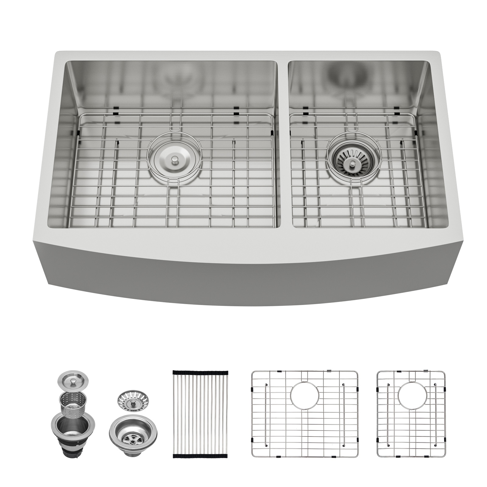 Lordear Farmhouse Apron Front 33-in x 20-in 16-Gauge Stainless Steel 60/40 Double Bowl Kitchen Sink with Bottom Grid and Roll-up Drying Rack