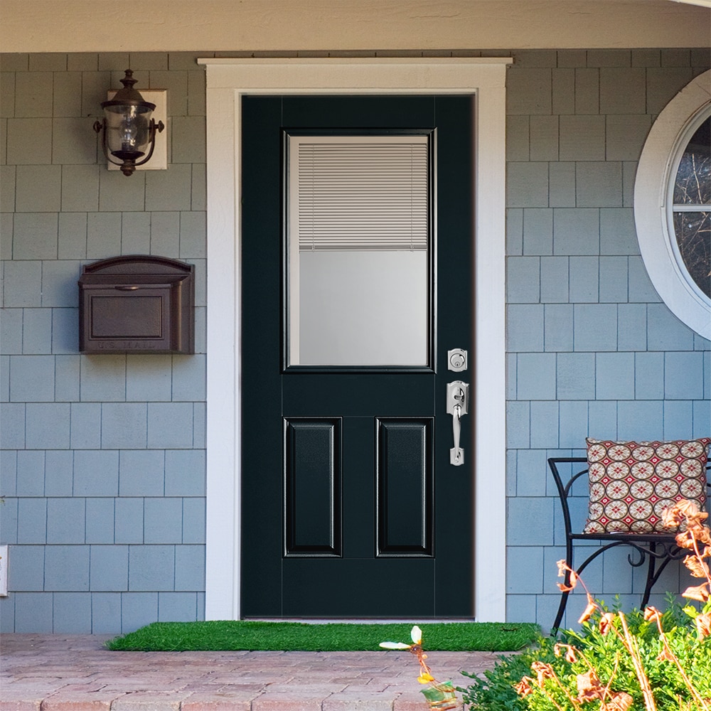 Masonite 1218487 36-in x 80-in x 4-9/16-in Fiberglass Half lite Left-hand inswing Eclipse Painted Prehung Front Door with Brickmould Insulating core with Blinds
