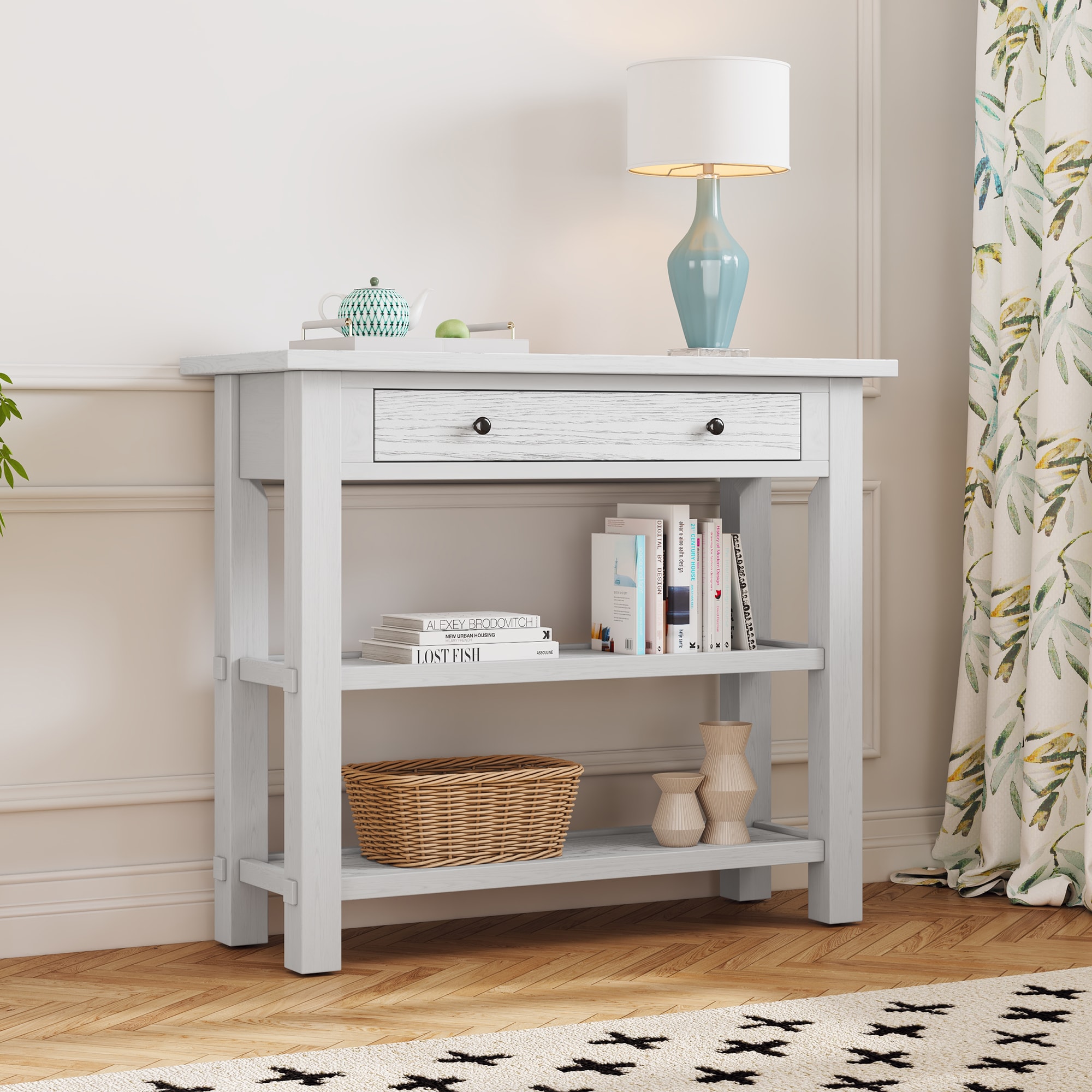 ModernLuxe N715P195561K Entryway Table with Storage Retro Console Table with Drawer and Two Sturdy Shelves for Entryway Living Room Antique White