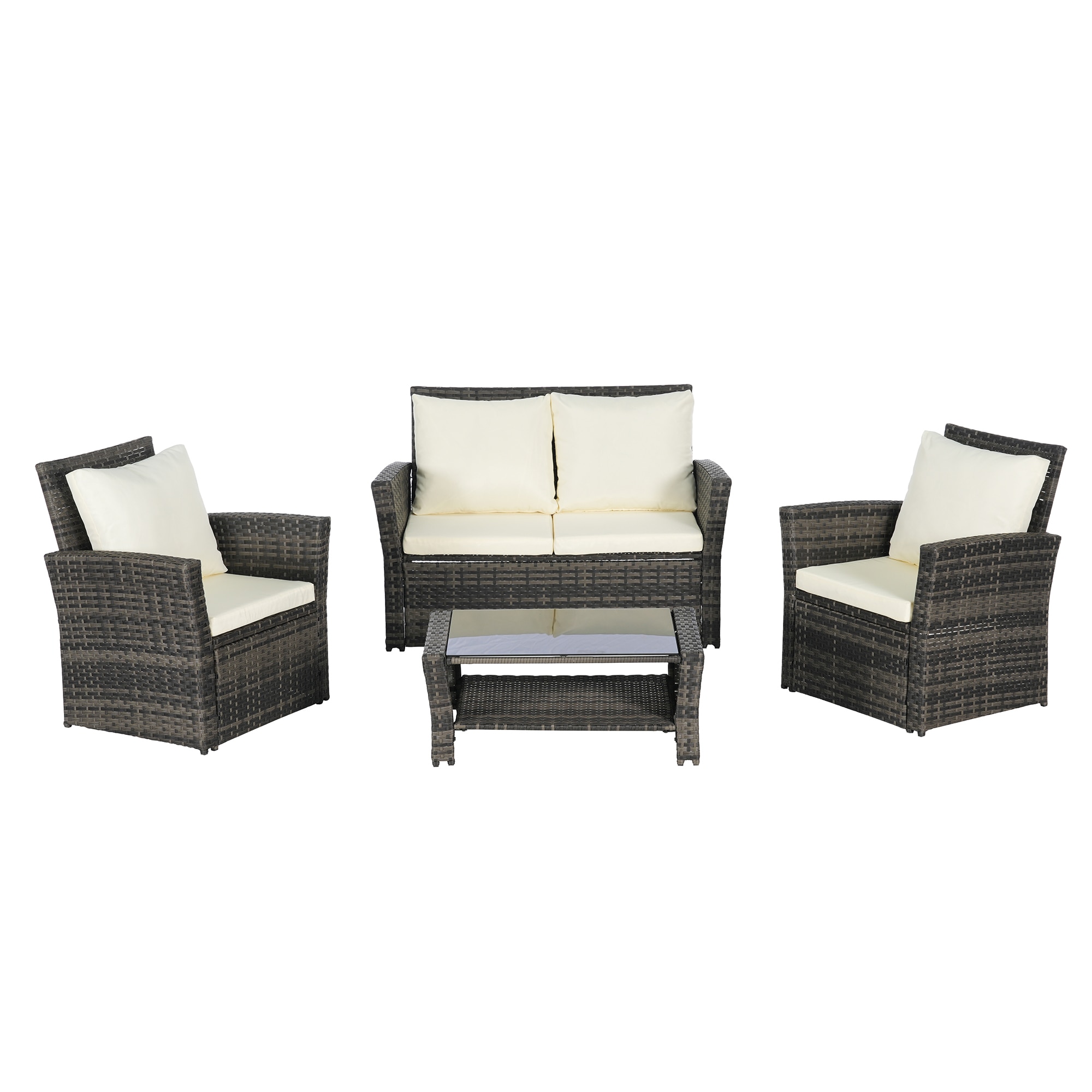 SINOFURN SYB670027BG 4 -Piece Wicker Patio Conversation Set with Beige Cushions