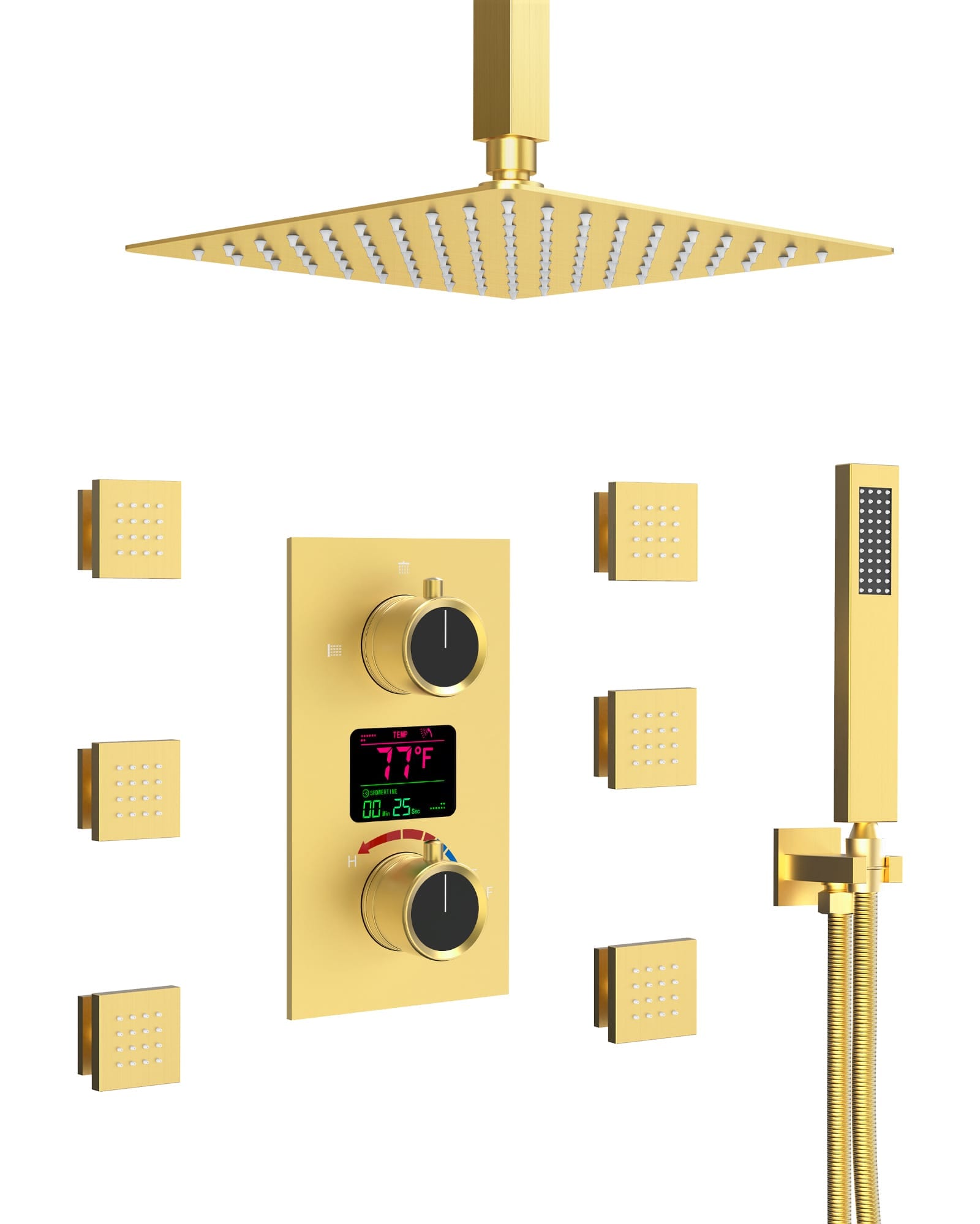 EVERSTEIN SFS-1015-GD12 Knobs 3-Spray 12 in. Thermostatic Rain Dual Shower Head Fixed and Handheld Shower Head in Brushed Gold 2.5 GPM