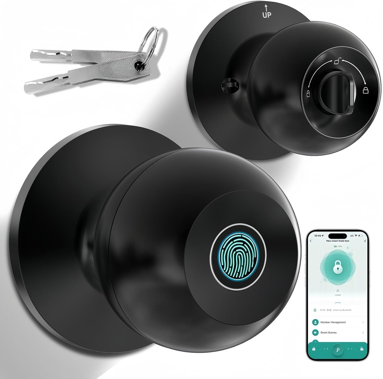 Adrinfly Smart Fingerprint Door Knob Lock App Control Keyless Entry 3 Lock Modes Type-C Emergency Charging 1 Piece Black for Bedroom Office #LAD0509M31