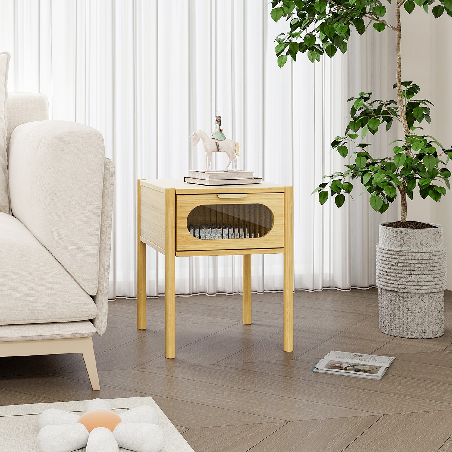 GZMR GR-W331763 1 Drawer End Table, Bamboo Nightstand 15.75-in W x 19.76-in H Natural Wood Modern End Table with Storage Assembly Required