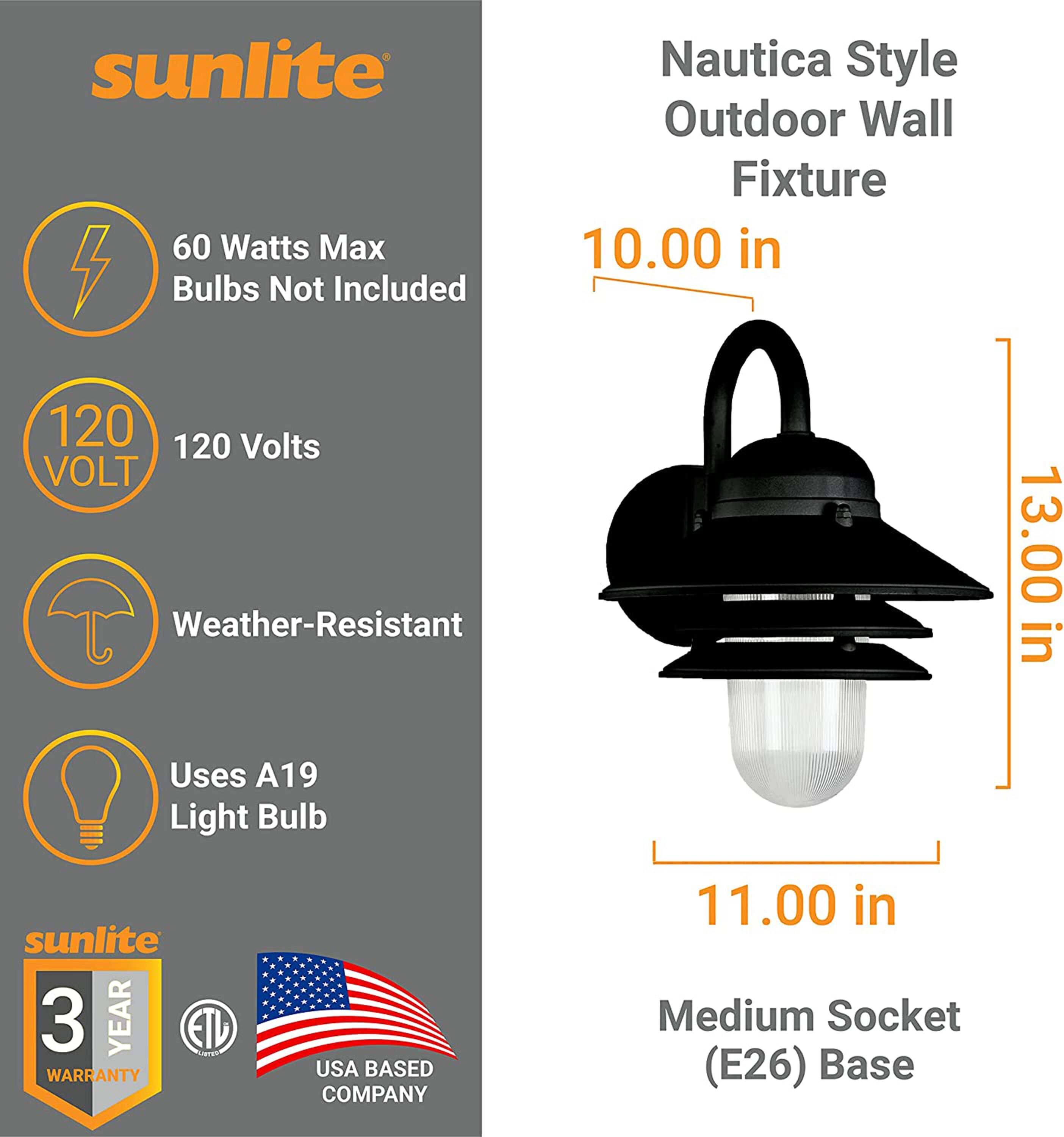 Black Polycarbonate Nautical Outdoor Wall Fixture with Prismatic Lens