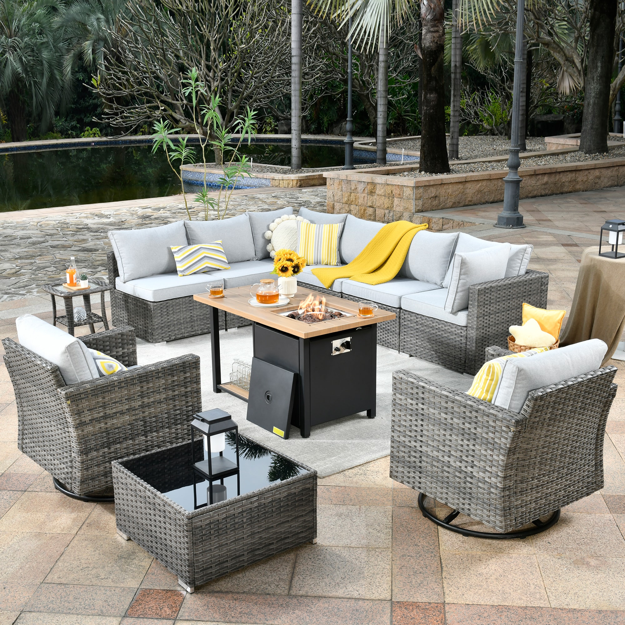 weaxty DDFPRRSGRS4011 Kuuga 11 -Piece Rattan Patio Conversation Set with Gray Cushions