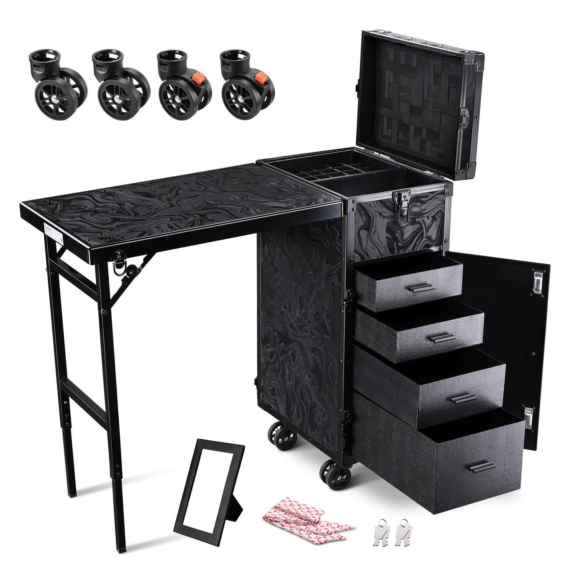 Yescom 12MKCSET-3536-C06-LO Byootique Rolling Makeup Case Nail Table with 4 pcs Replacement Wheels Black