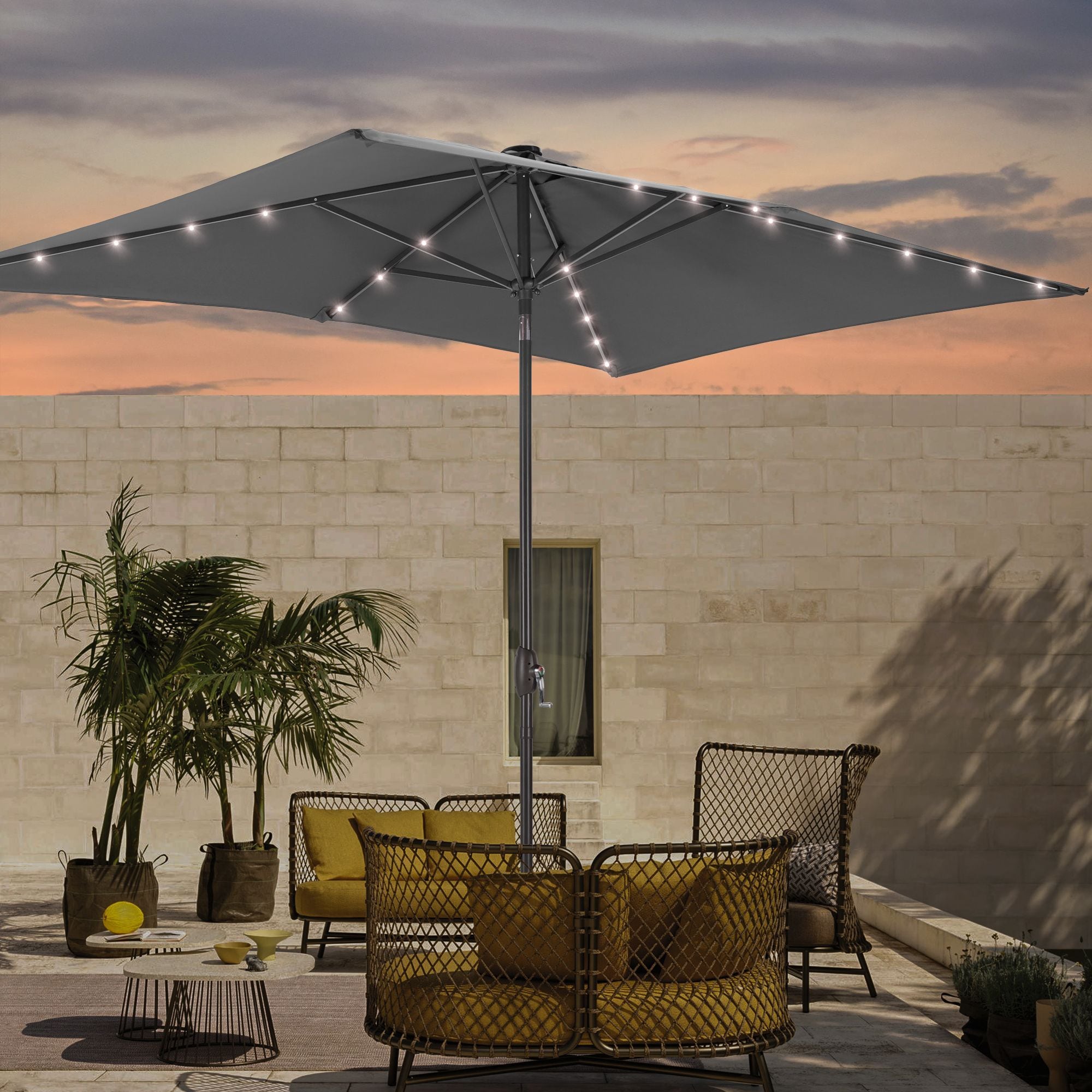 Sonkuki SD-S103GY-LED 9-Feet Steel Gray Push-button Tilt Market Patio Umbrella with Lights and