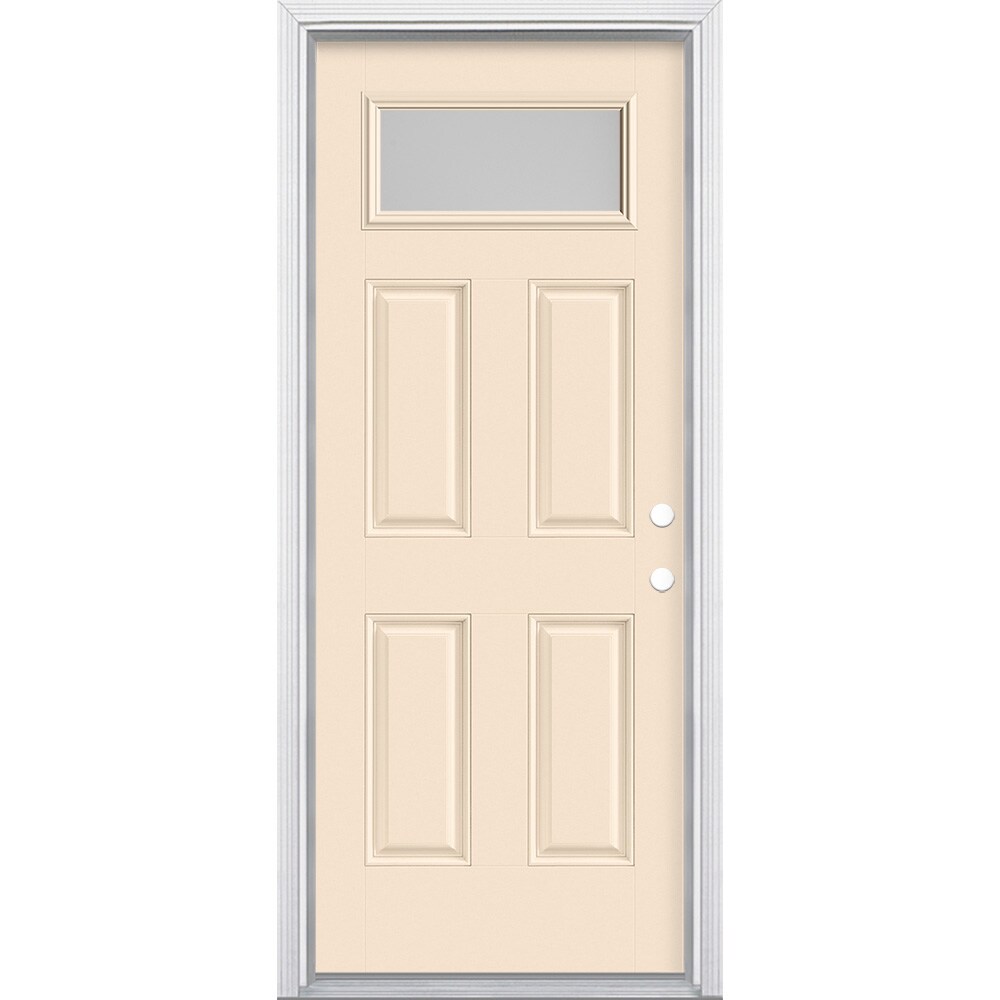 Masonite 629511 32-in x 80-in x 4-9/16-in Fiberglass 1/4 lite Left-hand inswing Bisque Painted Prehung Front Door with Brickmould Insulating core