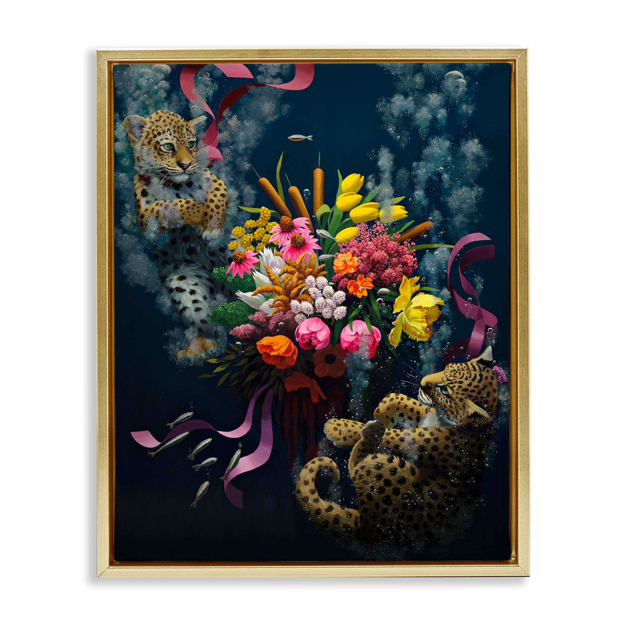 Stupell Industries BT-208-FFG-16X20 Bouquet with Leopards Underwater Gold Framed Floater Canvas Wall Art By Heather Gauthier 17 x 21