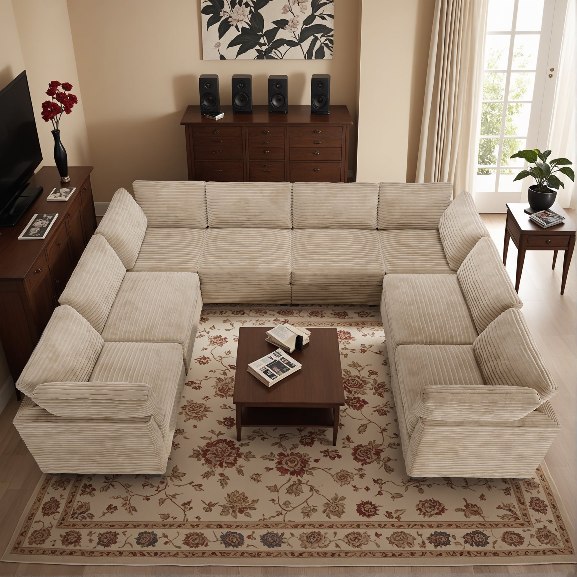 Caodoc L5-MYO702-4 130.8-Inches Modern Beige 8-seaters U-shape sofa for Livingroom Reclining Sofa