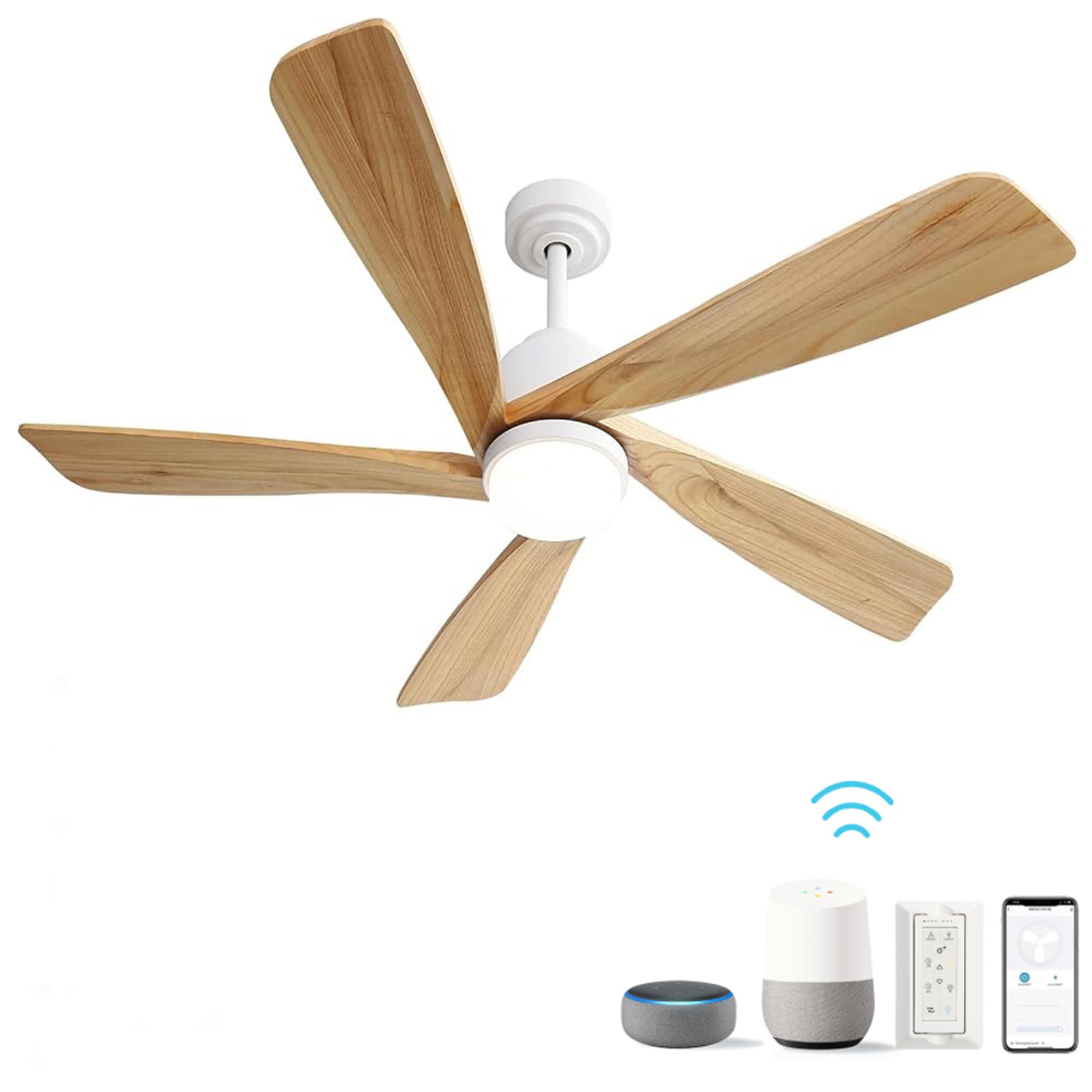 BABOOM BOM-6772206-OR 52-in Color-Changing Integrated LED Smart White with Solid natural wood color Blades Ceiling Fan With Light - Remote Included ( 5 -Blade )