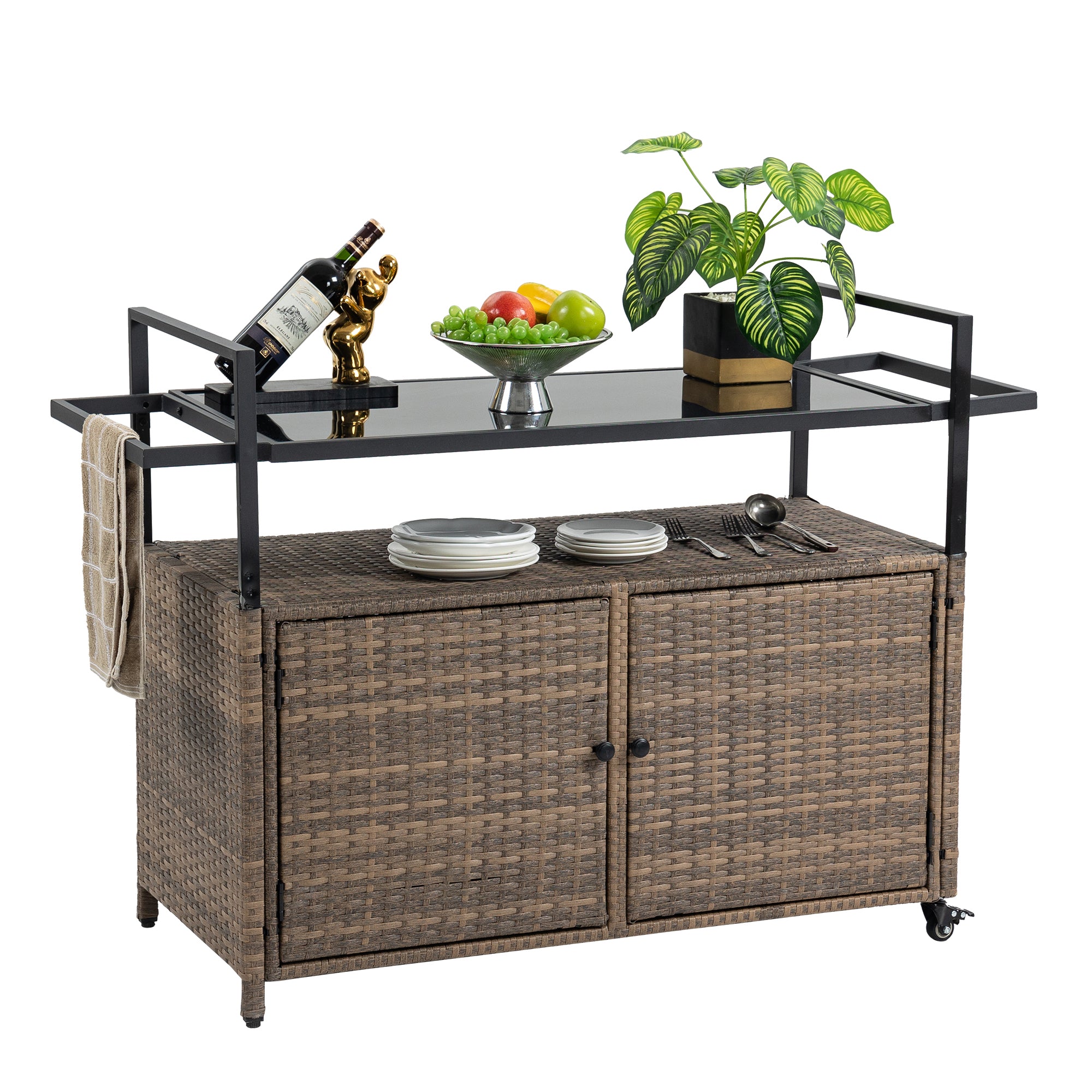 Tatayosi T141441 Outdoor Wicker Bar Cart Patio Wine Serving Cart w/Wheels  Rolling Rattan Beverage Bar Counter Table w/Glass Top for Porch Backyard Garden Poolside Party Light brown