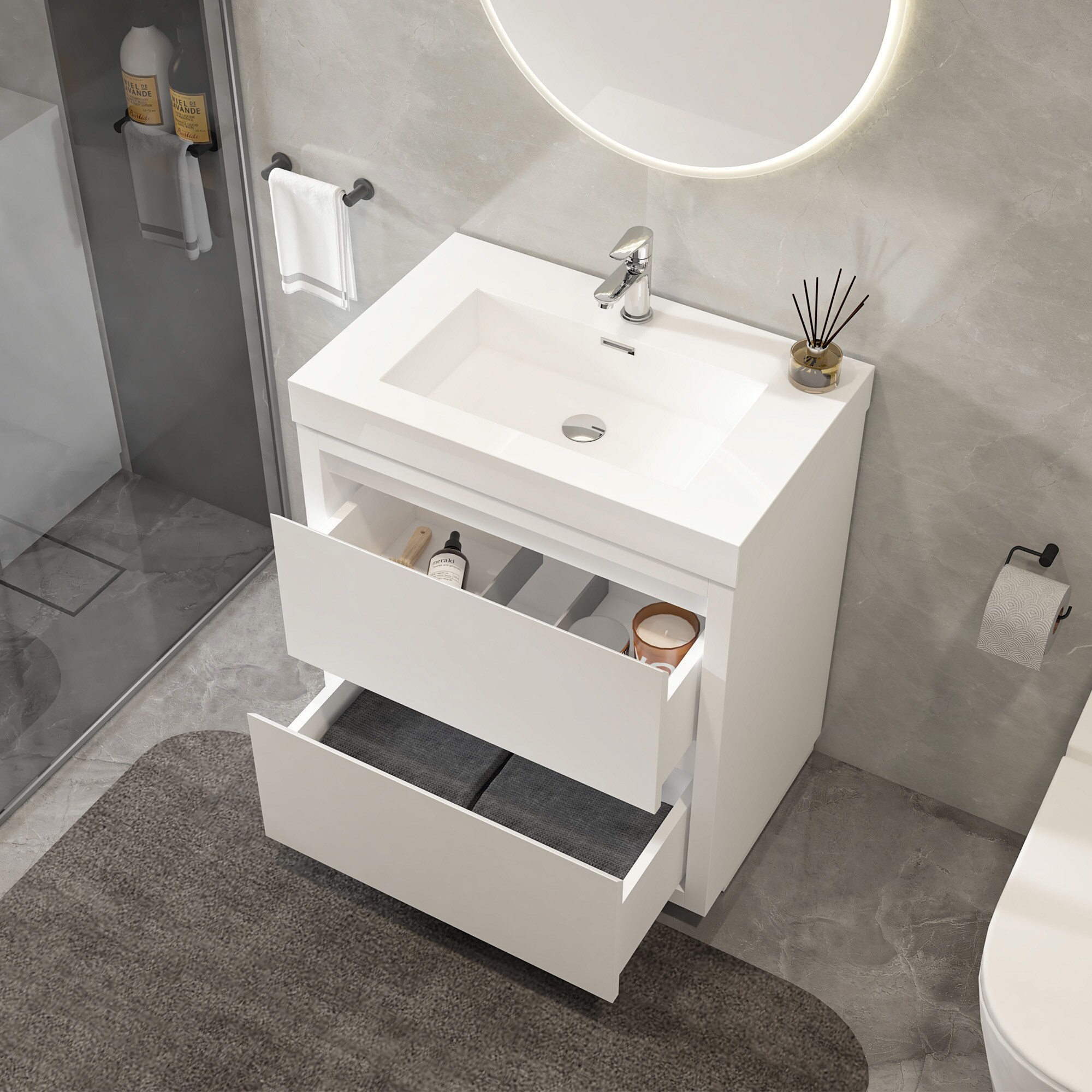 24-Inch Glossy White Single Sink Bathroom Vanity with Resin Top