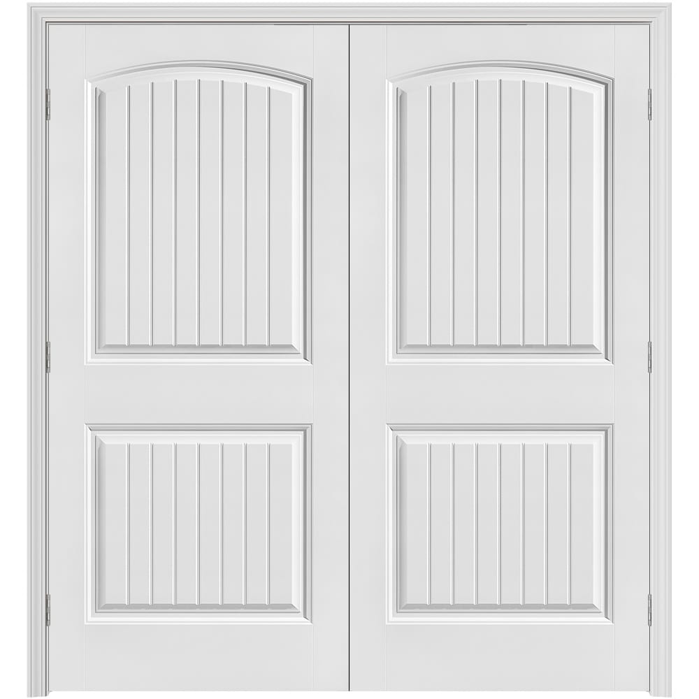 Masonite 640967 72-in x 80-in Primed Hollow core 2-panel round top plank Bi-parting Smooth Primed Molded composite Split Jamb Double Prehung Interior Door 356 Casing