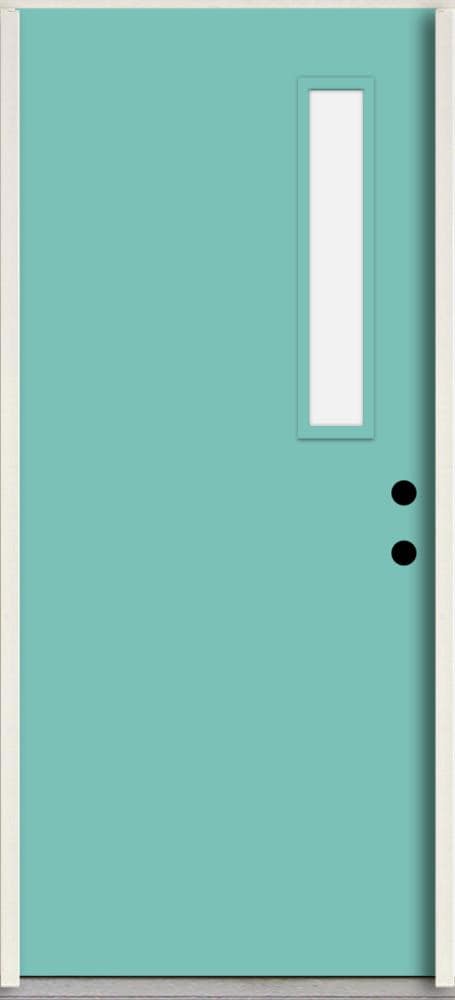 RELIABILT LO1063398 Spotlights 36-in x 80-in x Fiberglass 1/4 lite Left-hand inswing Caribbean Blue Paint Painted Prehung Front Door Insulating core