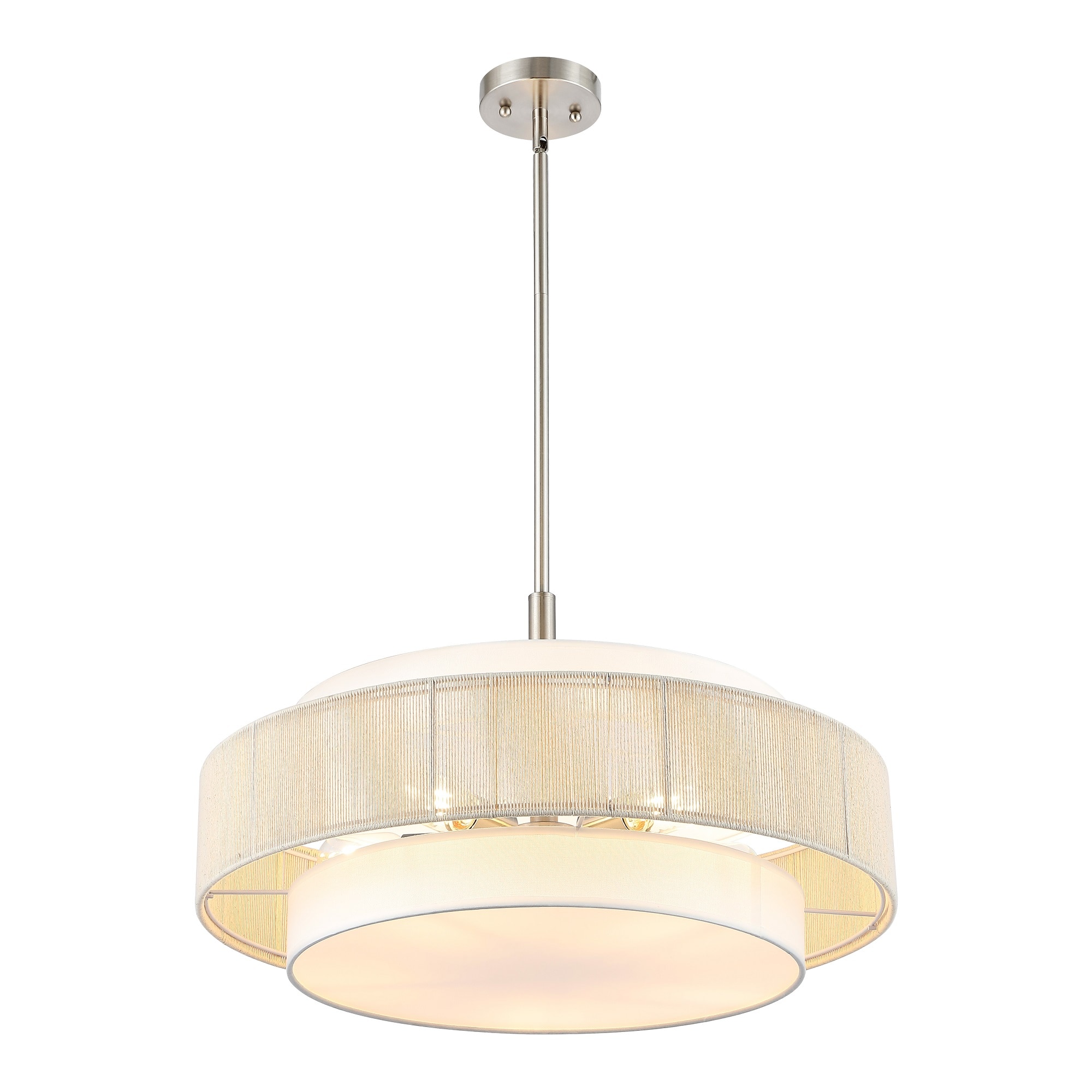 52" Brushed Nickel Double Drum Chandelier with Beige Rope Shade