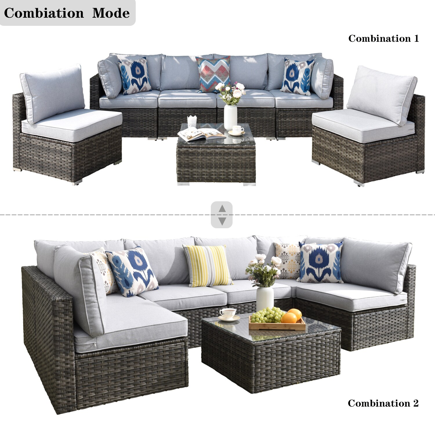 XIZZI Libra 7-Piece Rattan Patio Conversation Set with Gray Cushions in ...