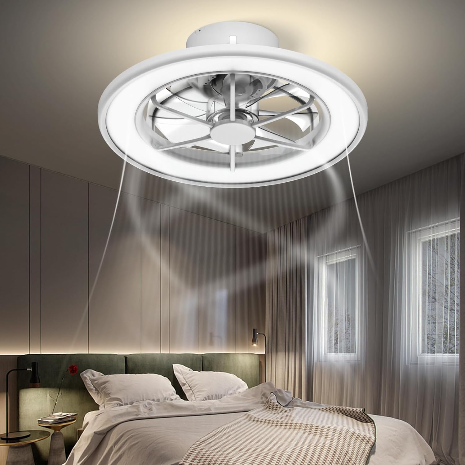 TALOYA TLY-M2-WE-X18 AuraFan 18-in Integrated LED Flush Mount Matt White with Matte Blades Ceiling Fan With Light and Remote ( 8 -Blade )