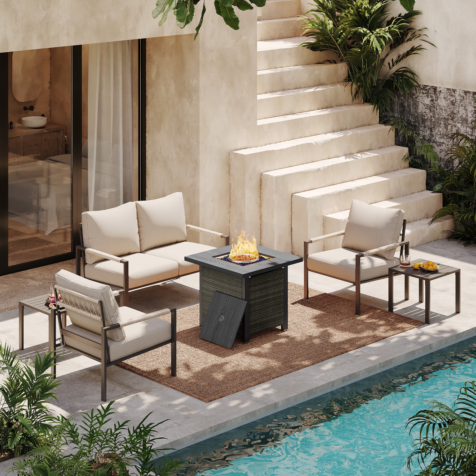 AURA OUTDOOR SIS002-BE 6 -Piece Rattan Patio Conversation Set with Light Gray Cushions
