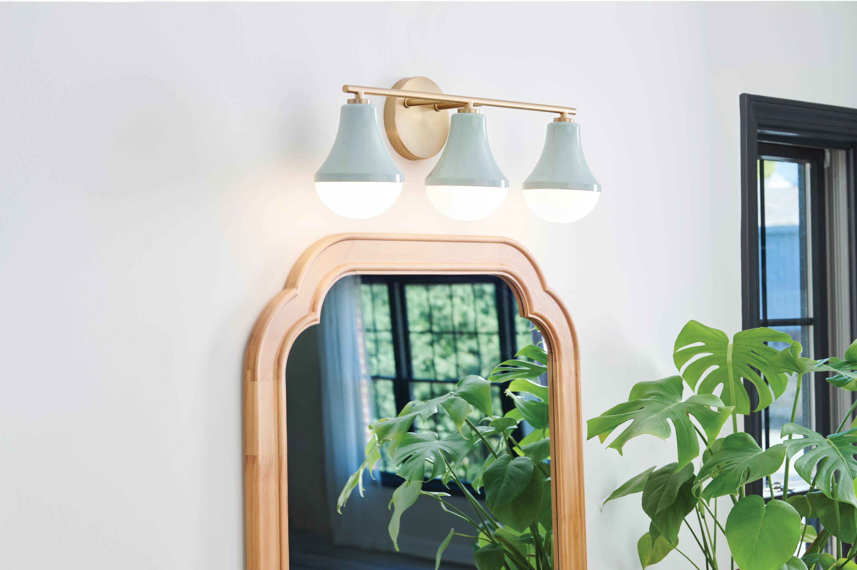 Seafoam Lacquered Brass 3-Light Vanity with Opal Glass Shades