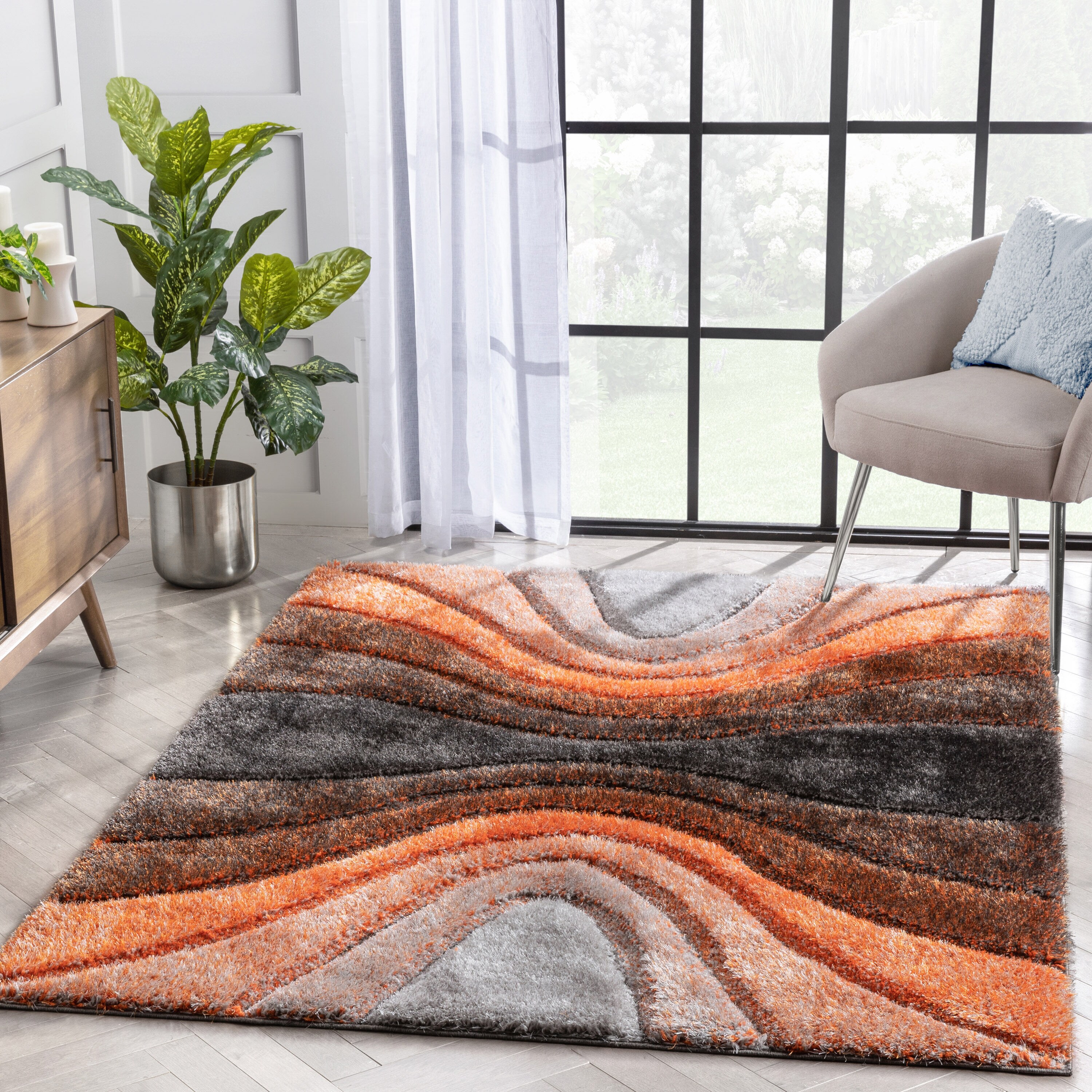 Well Woven SF-167-7 San Francisco 8 x 10 (ft) Loomed Polyester Grey Orange Rectangular Indoor Geometric Global Area rug