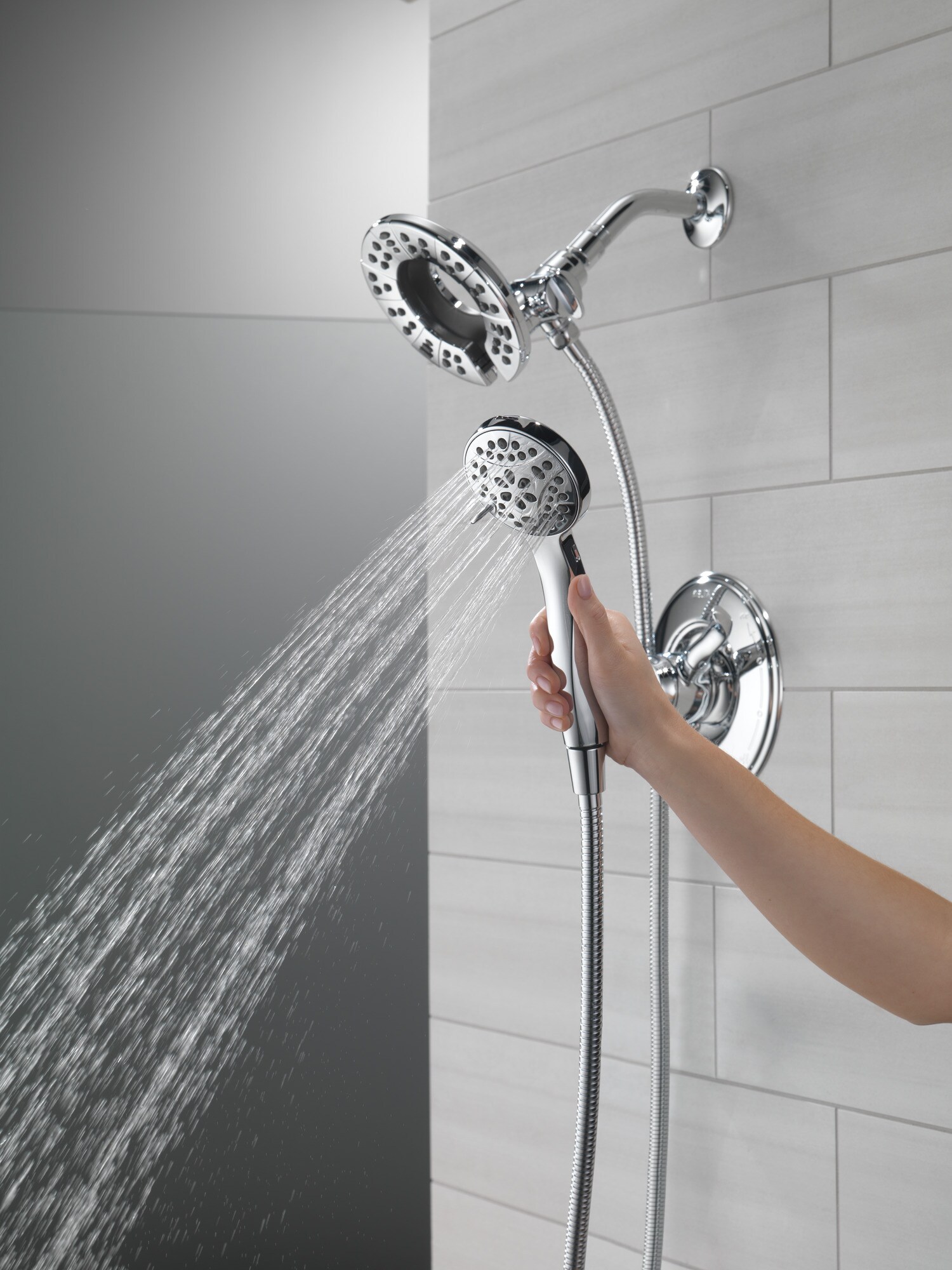 Chrome Dual Shower Head with Handheld Spray and Adjustable Height