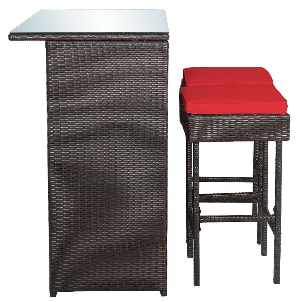 Volenca - 3-Piece Outdoor PE Rattan Patio Bar Set with Tempered Glass Top Cushioned Stools and St...