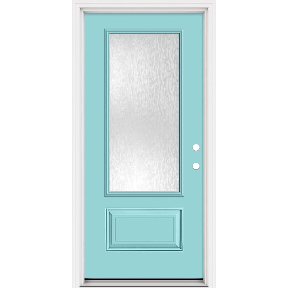Masonite 321336 Steel Doors Series 36-in x 80-in x Steel No glass Left-hand inswing Caribbean Blue Painted Prehung Front Door with Brickmould Insulating core