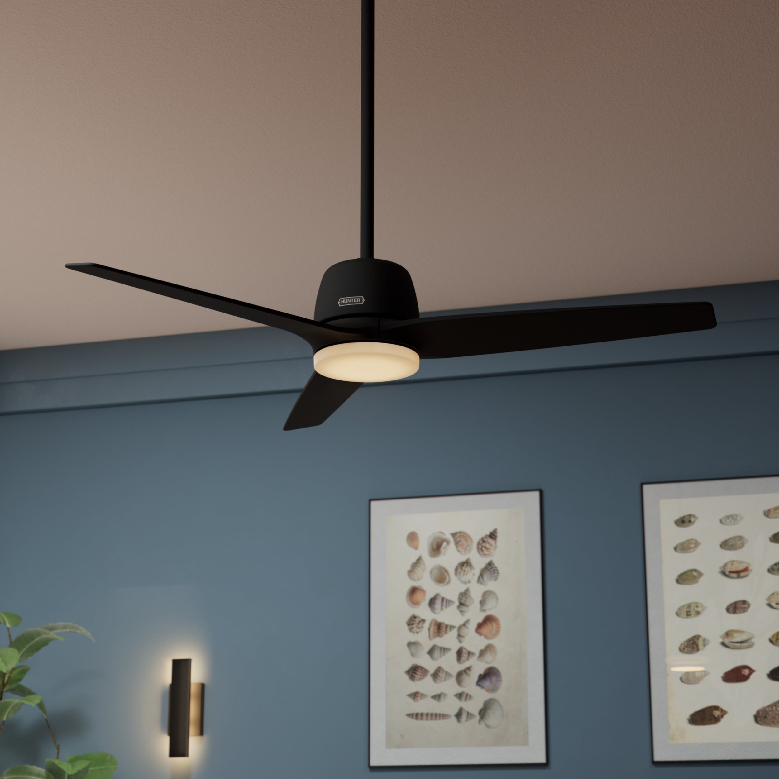 Hunter 53546 Malden 52-in Integrated LED Matte Black with Matte Black Blades Ceiling Fan With Light - Remote Included ( 3 -Blade )