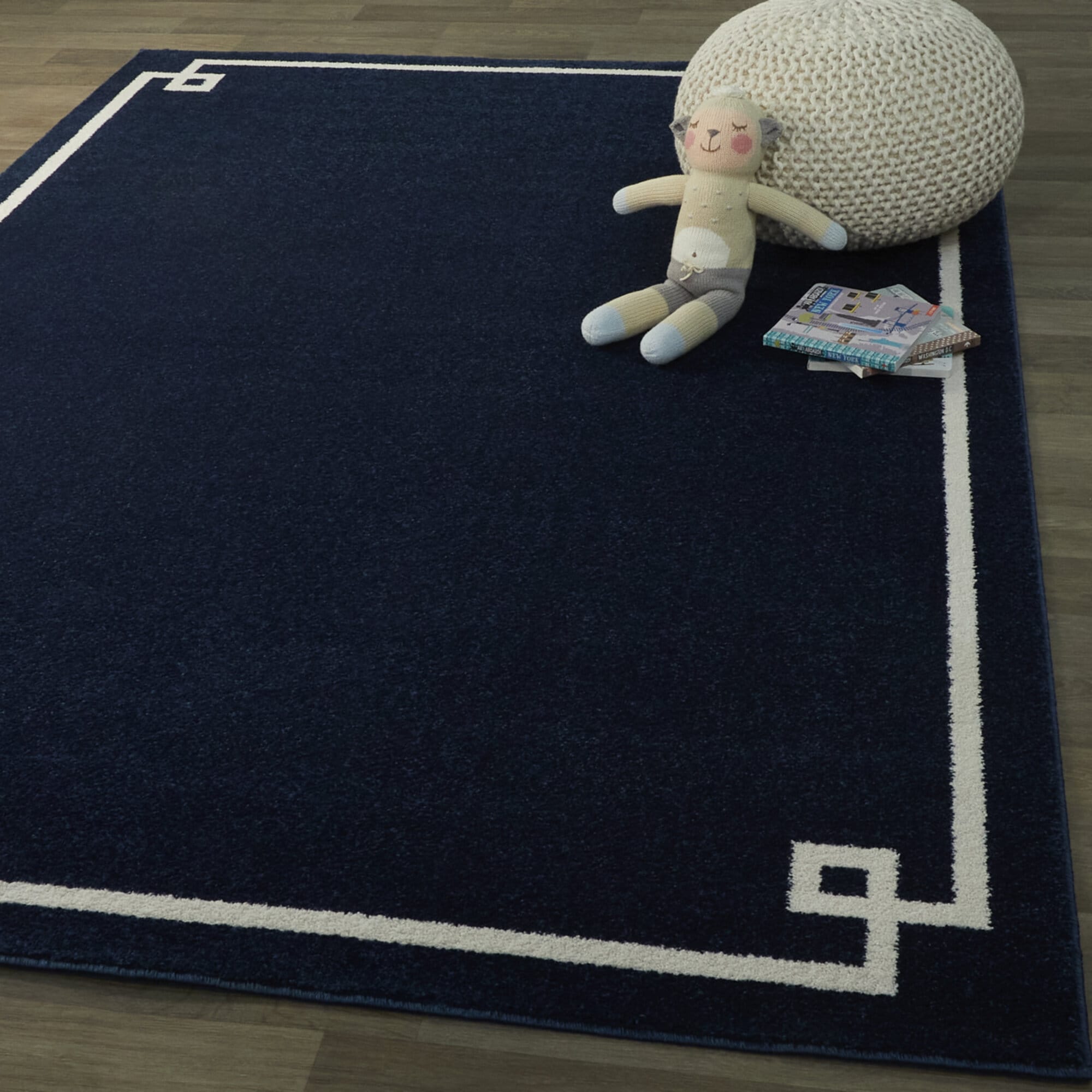 Navy and White Geometric Rectangular Easy Care Area Rug
