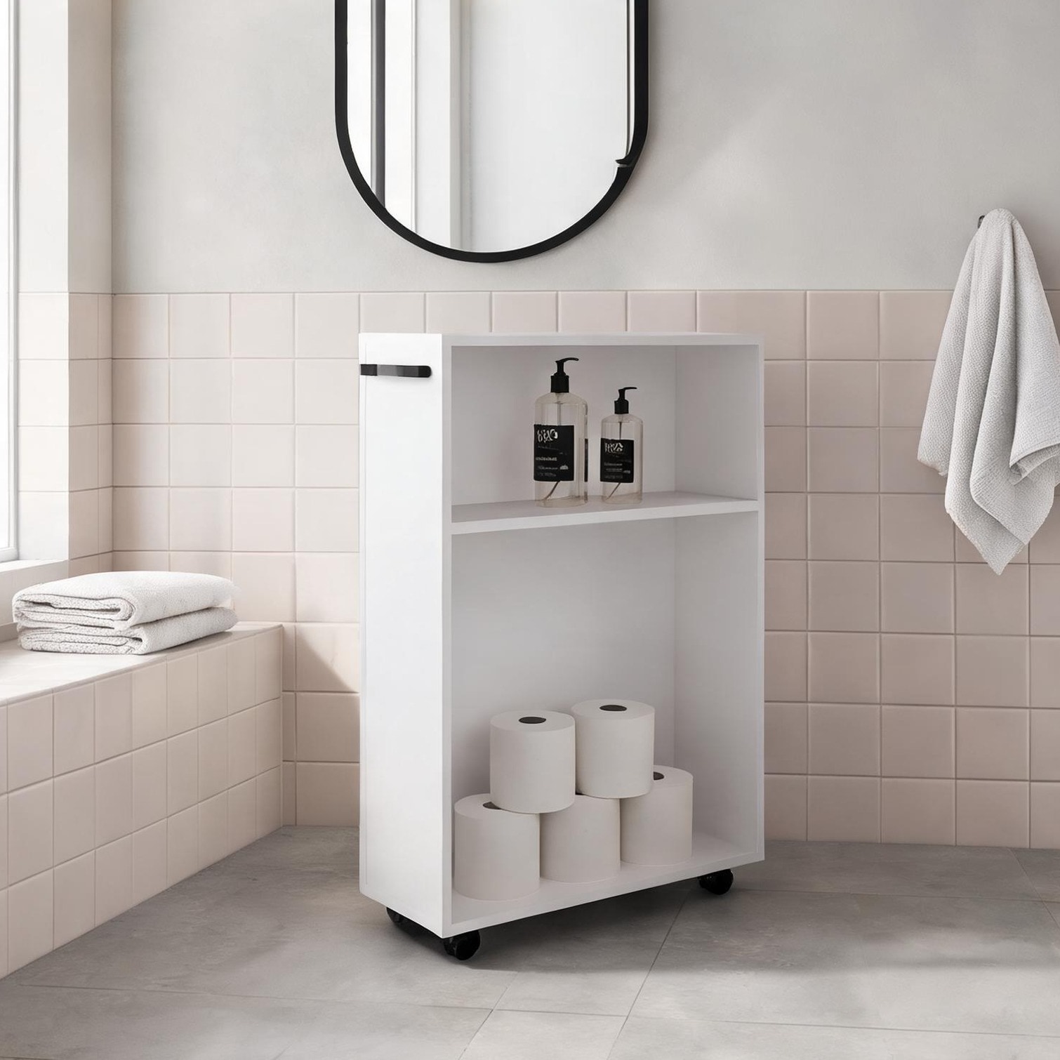 SUNCREAT Particle Board Rolling Storage Cart in White Finish for Bathroom and Kitchen Organization Compact Design