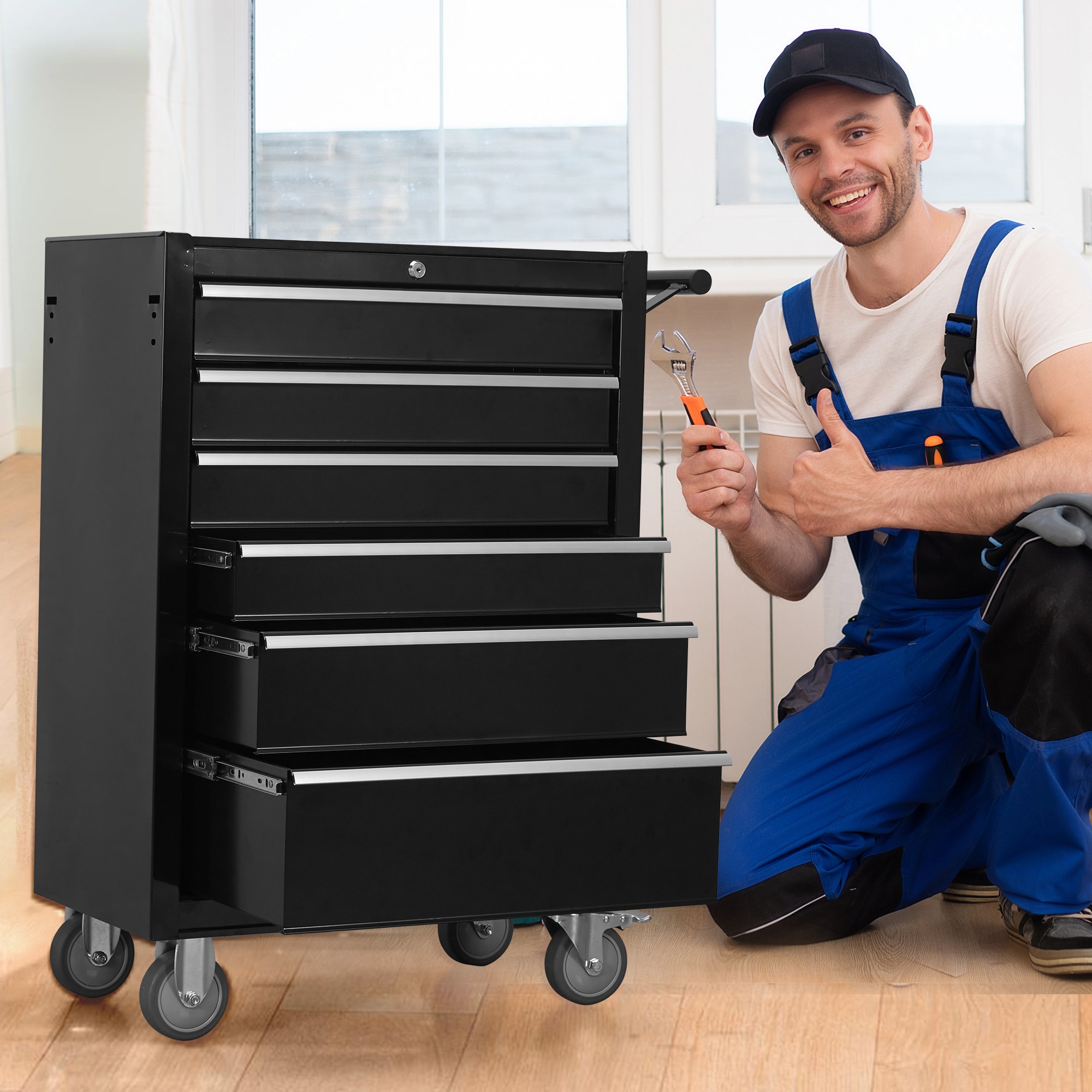 LOVMOR  7 Drawer 2 Small 5 Large Ball Bearing Slide Tool Chest Lockable Tool Storage Organizer with Wheels Carbon Steel Black