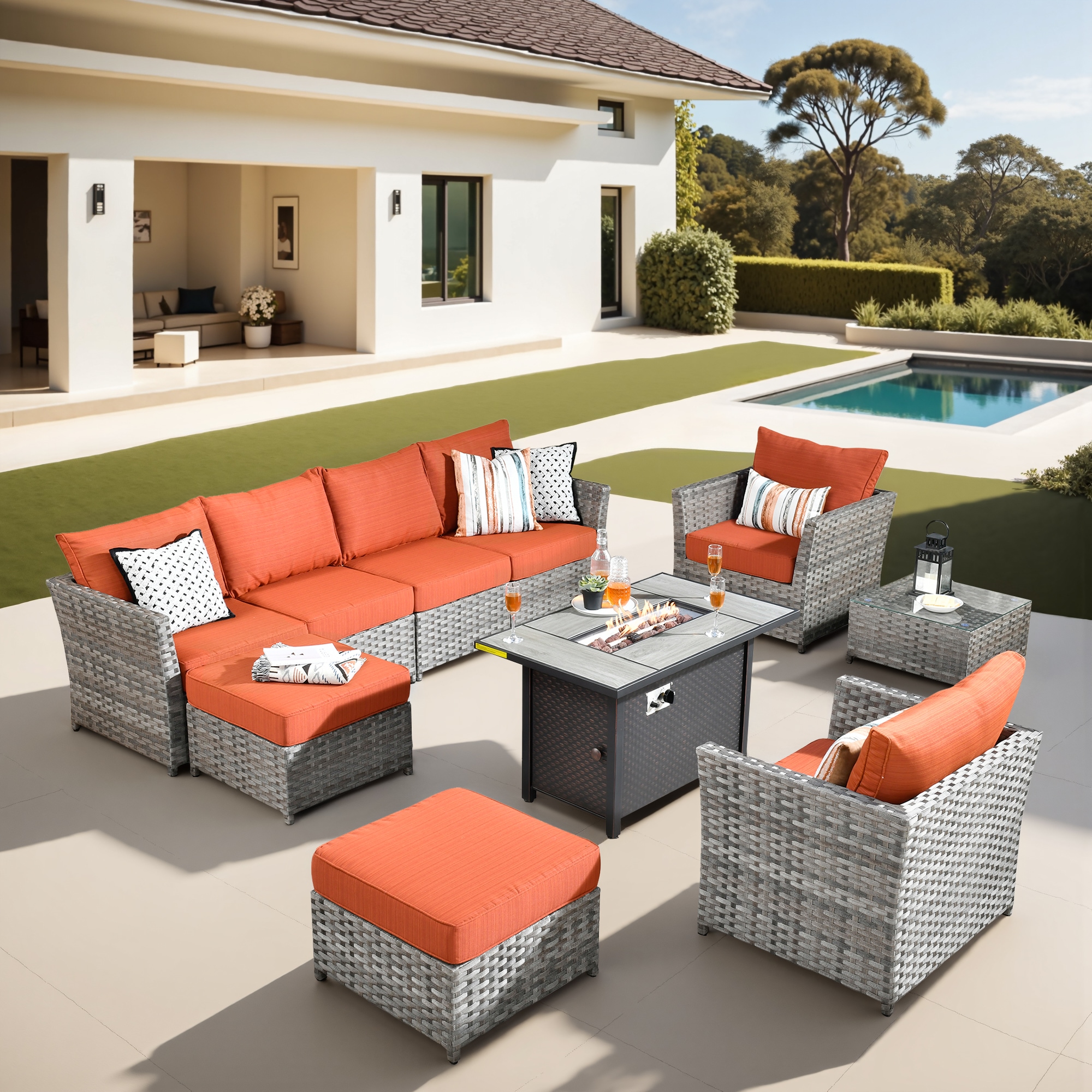 Pouuin SCFPBRS809 Wicker Outdoor Sectional with Orange Cushions and Wicker Frame