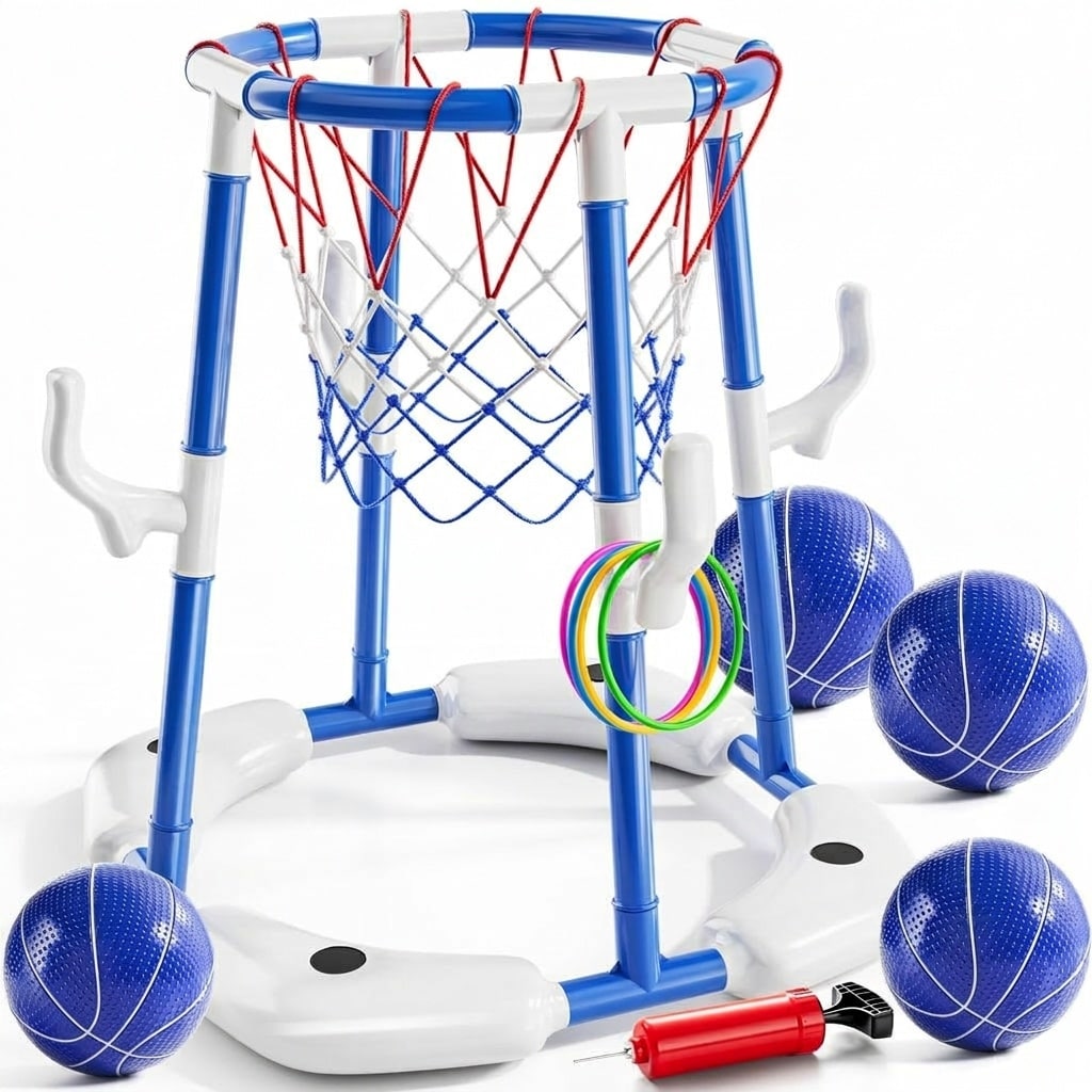 Aoibox  Floating Pool Basketball Hoop 2 in 1 Ring Game Set Blue Includes 1 Hoop 12 Rings 4 Balls Pump 15 7 x 4 9 x 12 7 in