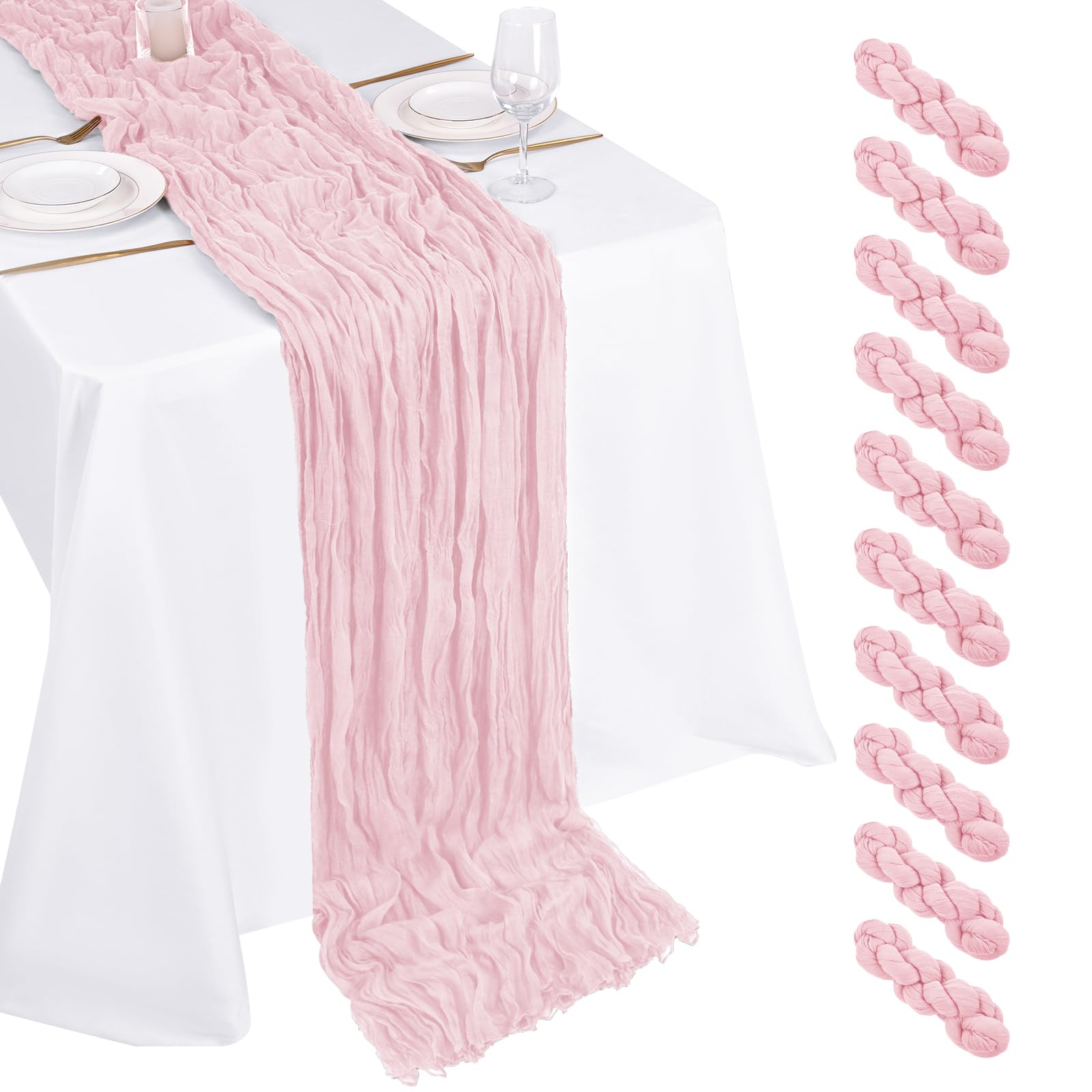 Phewnyzo  10 Pack Light Pink Cheesecloth Table Runner 17x108 Inch Boho Gauze Table Runners for Wedding Party Baby Shower Birthday Home Decor
