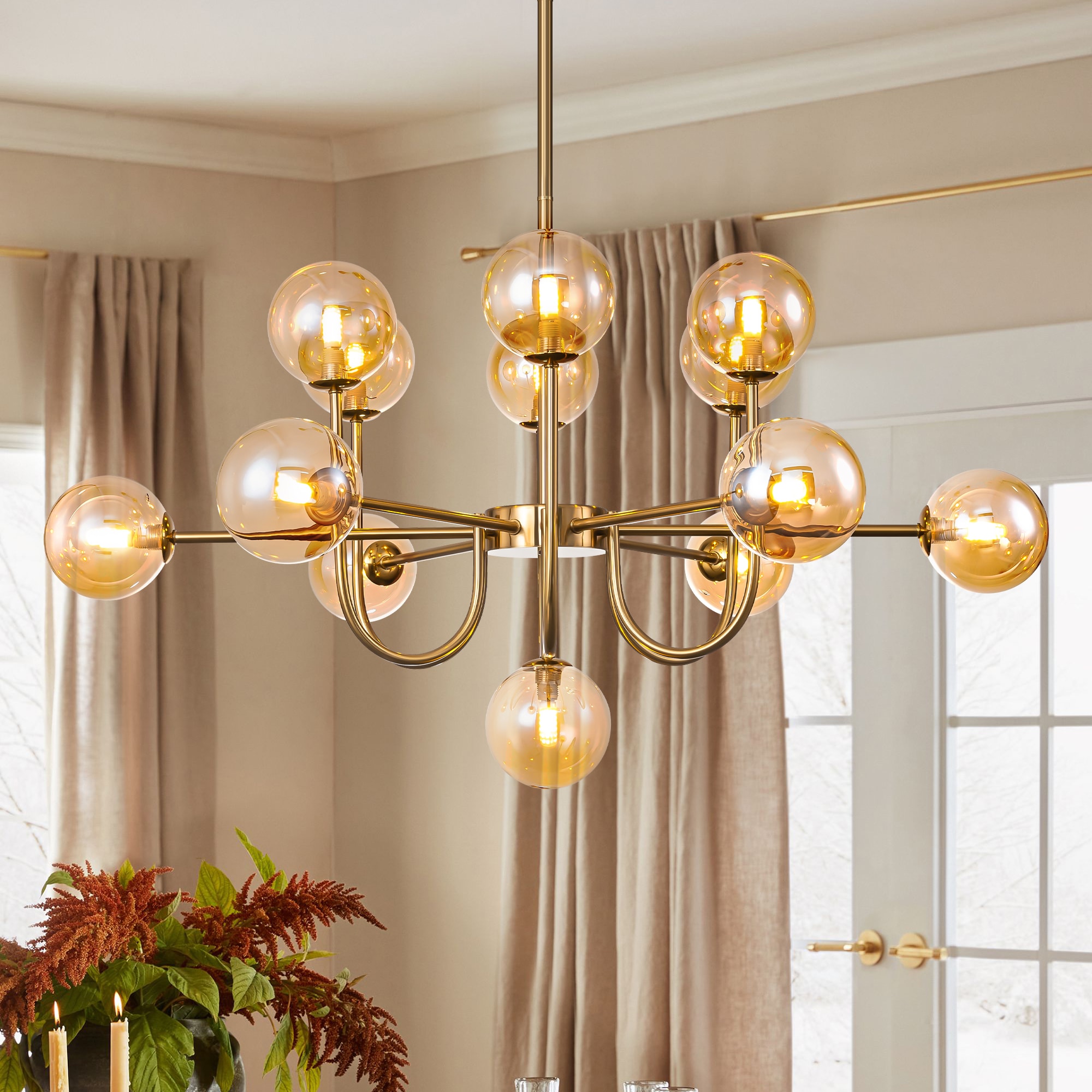 Rennnsan Isaiah 13 -Light Brushed Gold Tinted glass Metal Chandelier