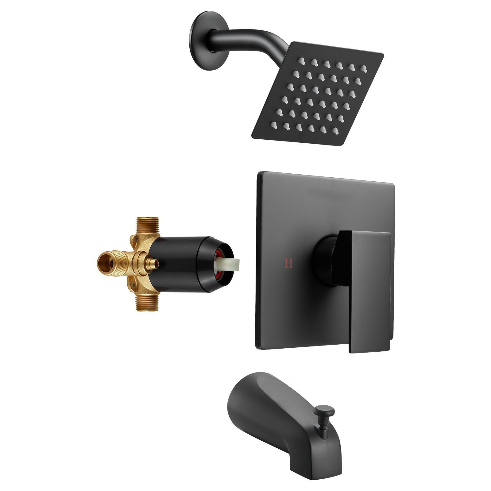 Slickblue Matte Black Shower Faucet Set with Tub Spout and Square Rotatable Shower Head for Homes or Hotels Bathrooms