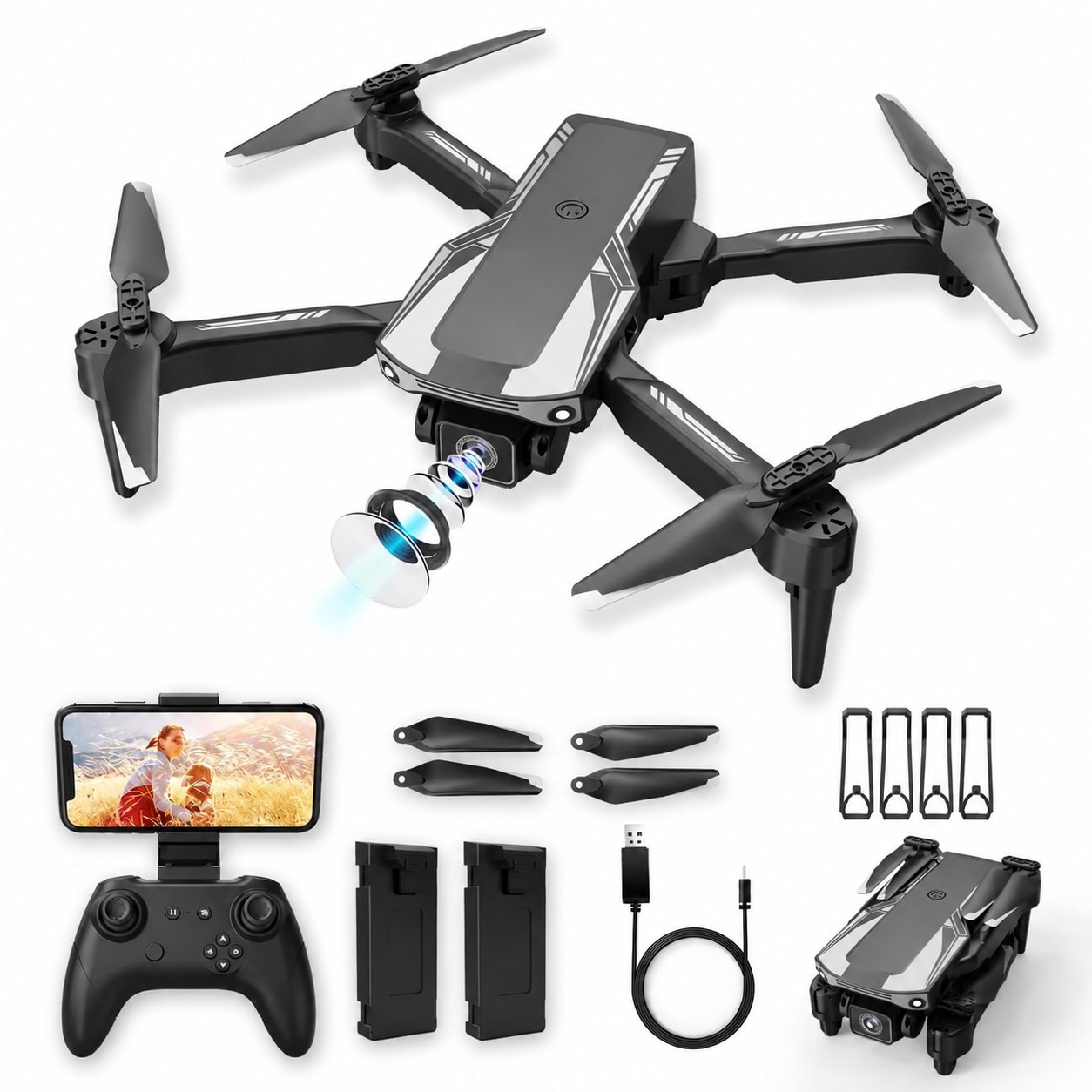Phyfalip  Drones For Kids Beginners Foldable HD 1080P Drone with Camera Wifi Remote Control And 2 power cells RC Quadcopter with Gestures Selfie