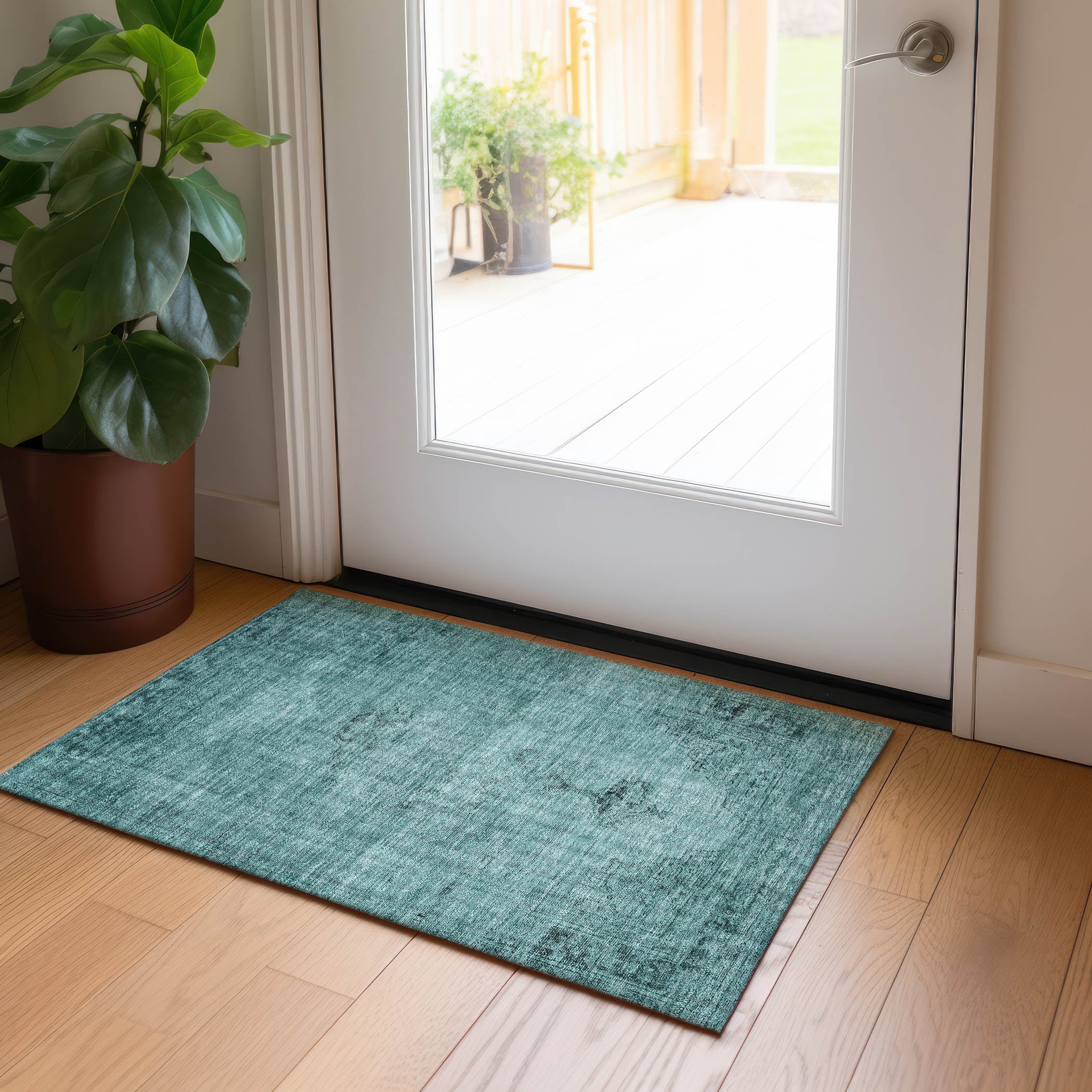 Teal Synthetic Rectangular Machine Washable Indoor/Outdoor Rug