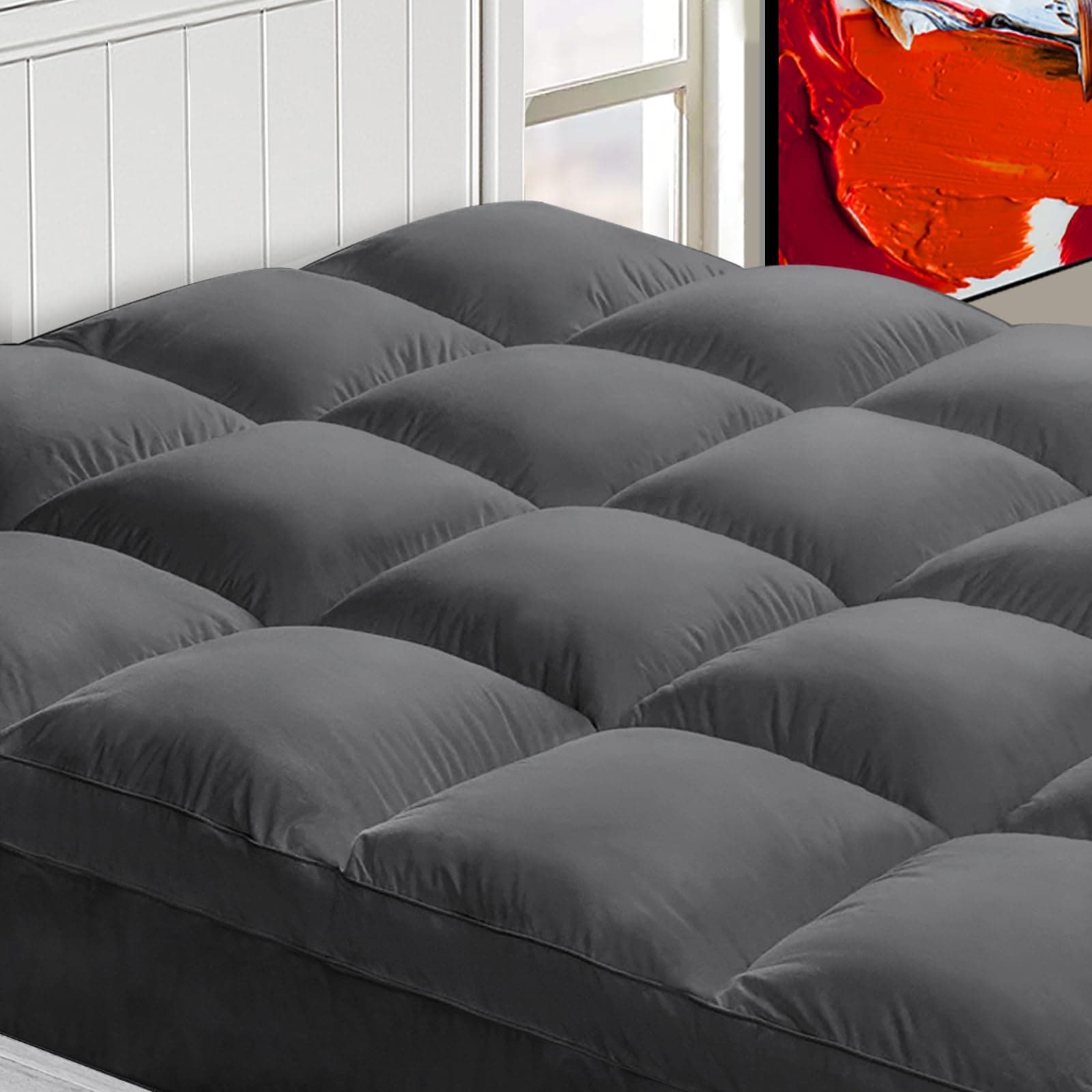 Phyfalip Queen Mattress Topper Extra Thick Plush Pillow Top for Back Pain Relief Deep Pocket Fits Up to 21 Inch Soft Breathable Grey 60x80 #L05PF09004